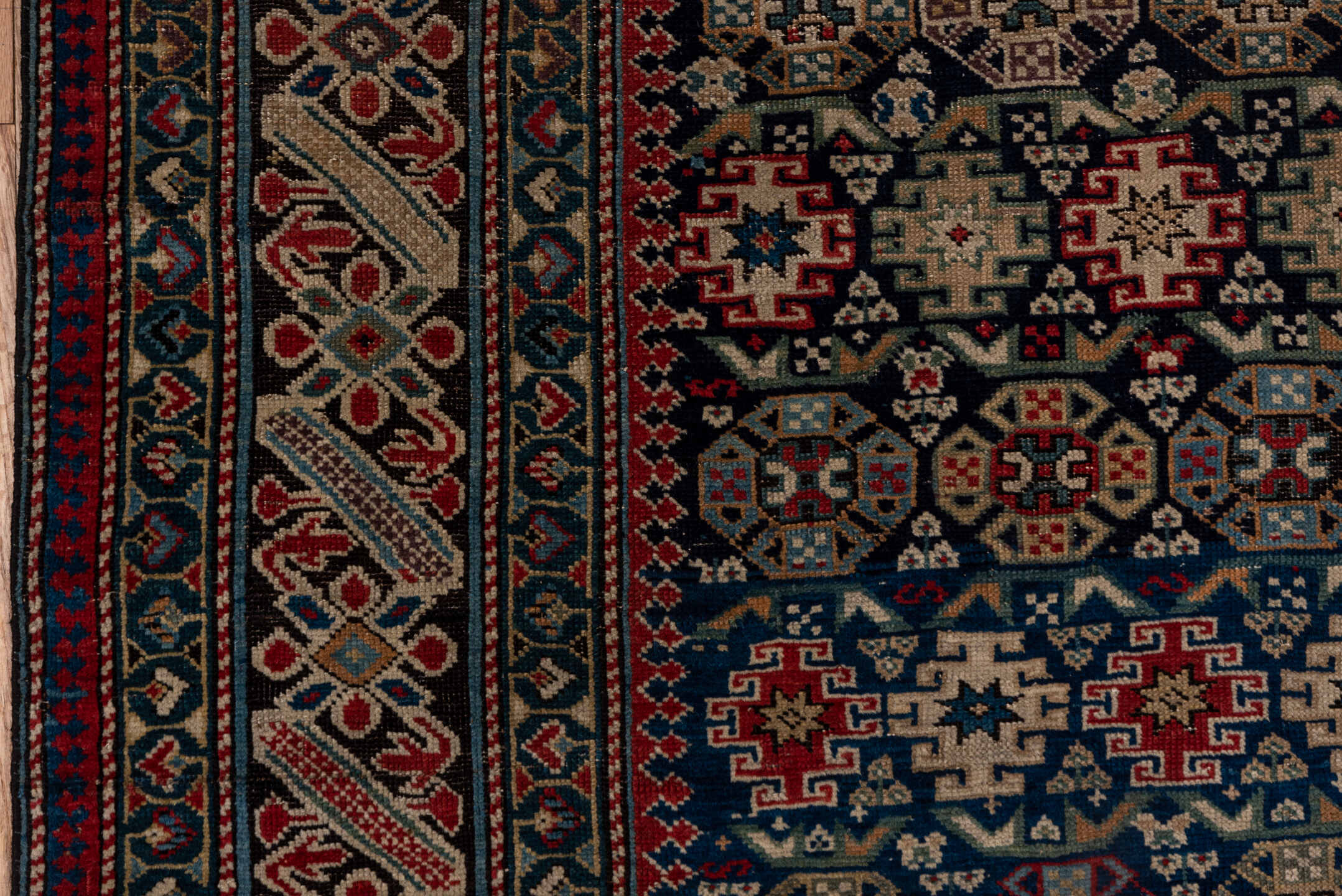 3' x 5' one-of-a-kind handmade antique Chichi small size rug. Color palette: navy, ivory, red, sky_blue, charcoal, camel
