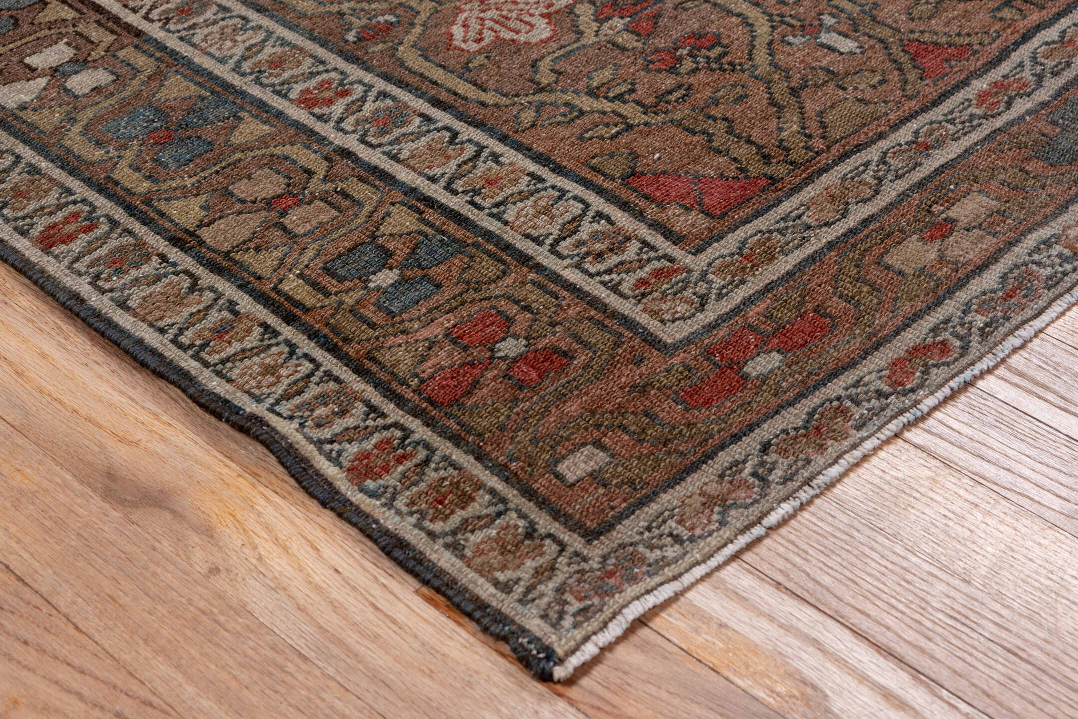 4' x 6' one-of-a-kind handmade antique Malayer small size rug. Color palette: brown, navy, rust, ivory, taupe, slate, rose