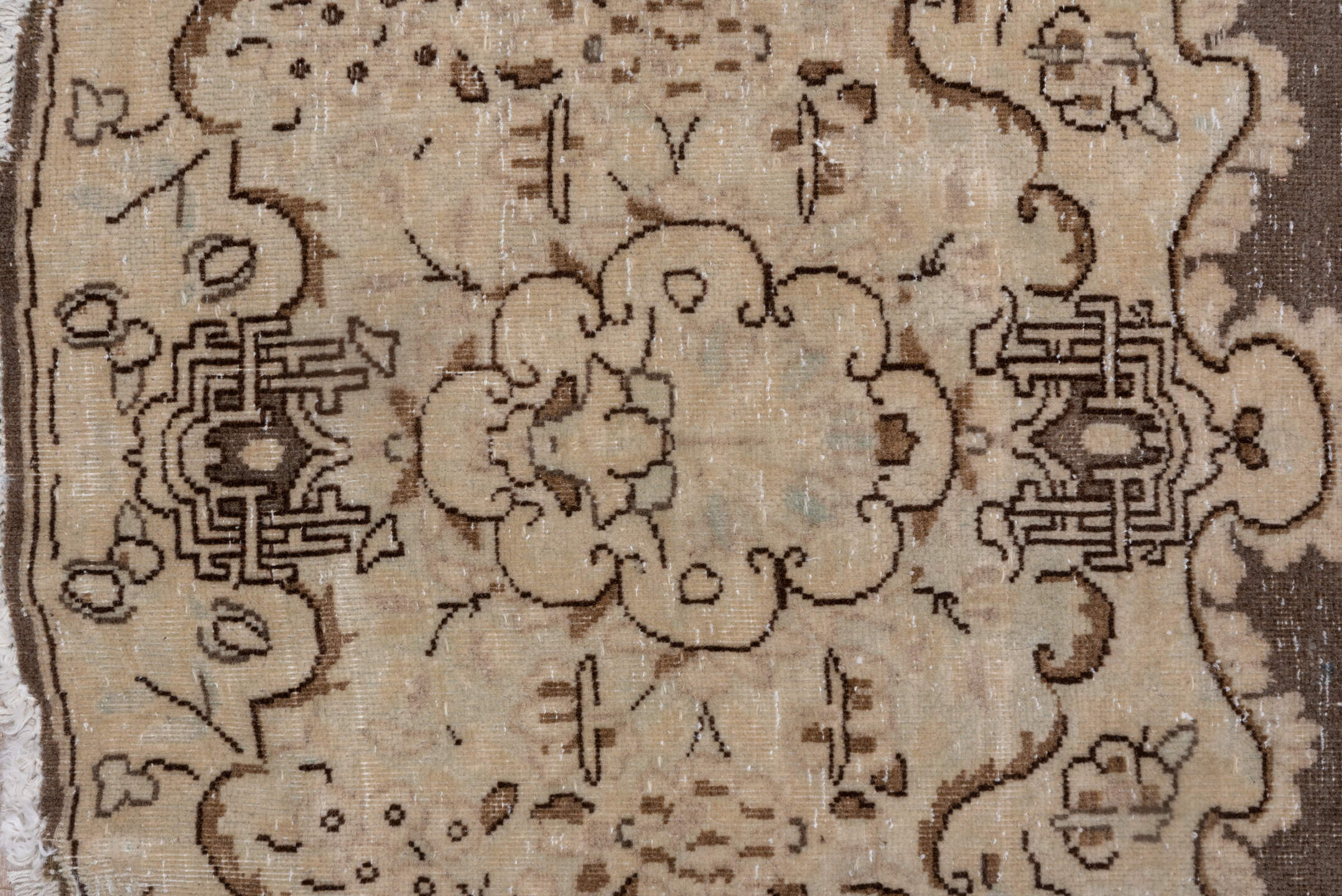 9' x 9' one-of-a-kind handmade vintage Tabriz rug. Color palette: brown, gray, light gray, off-white, pink