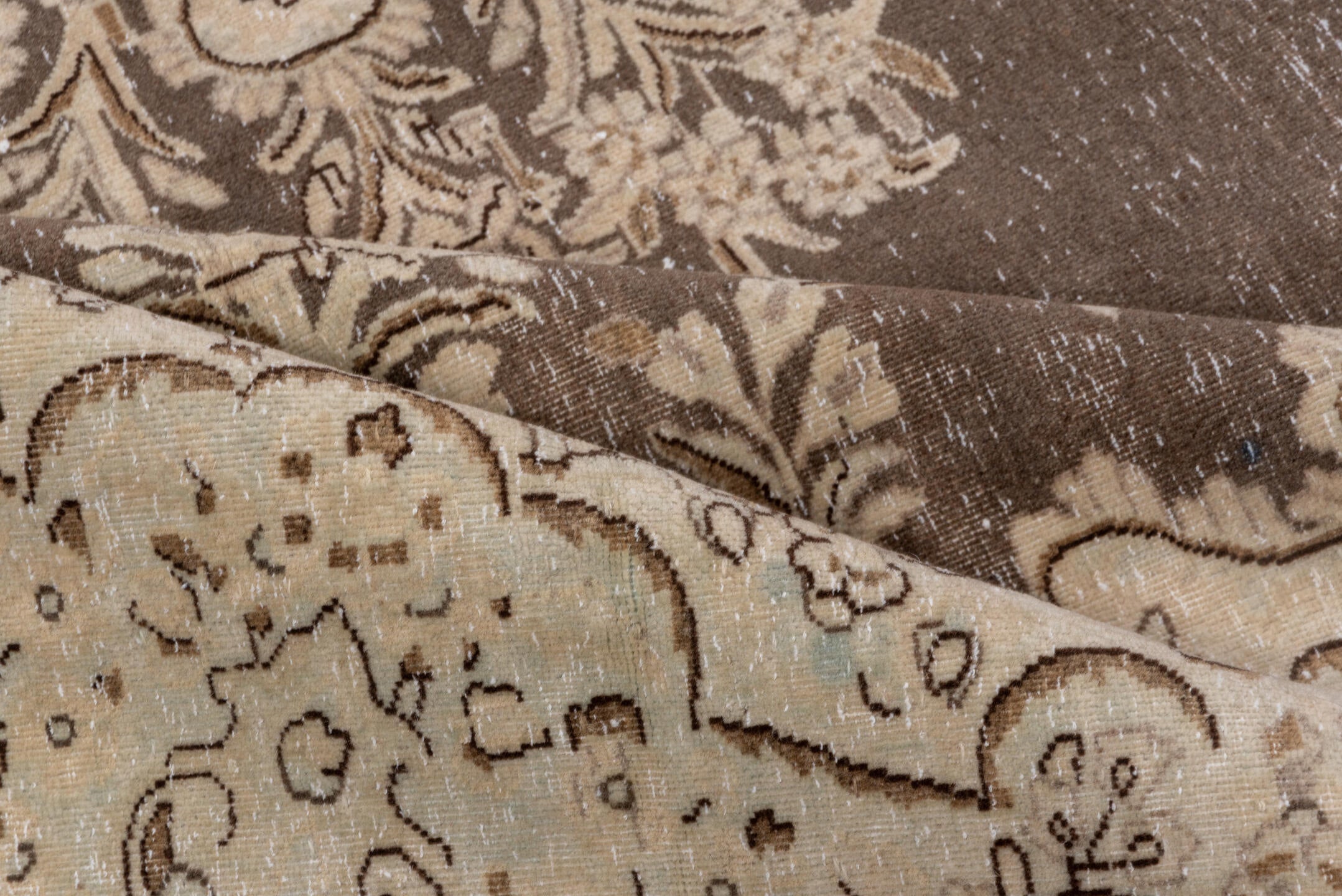 9' x 9' one-of-a-kind handmade vintage Tabriz rug. Color palette: brown, gray, light gray, off-white, pink