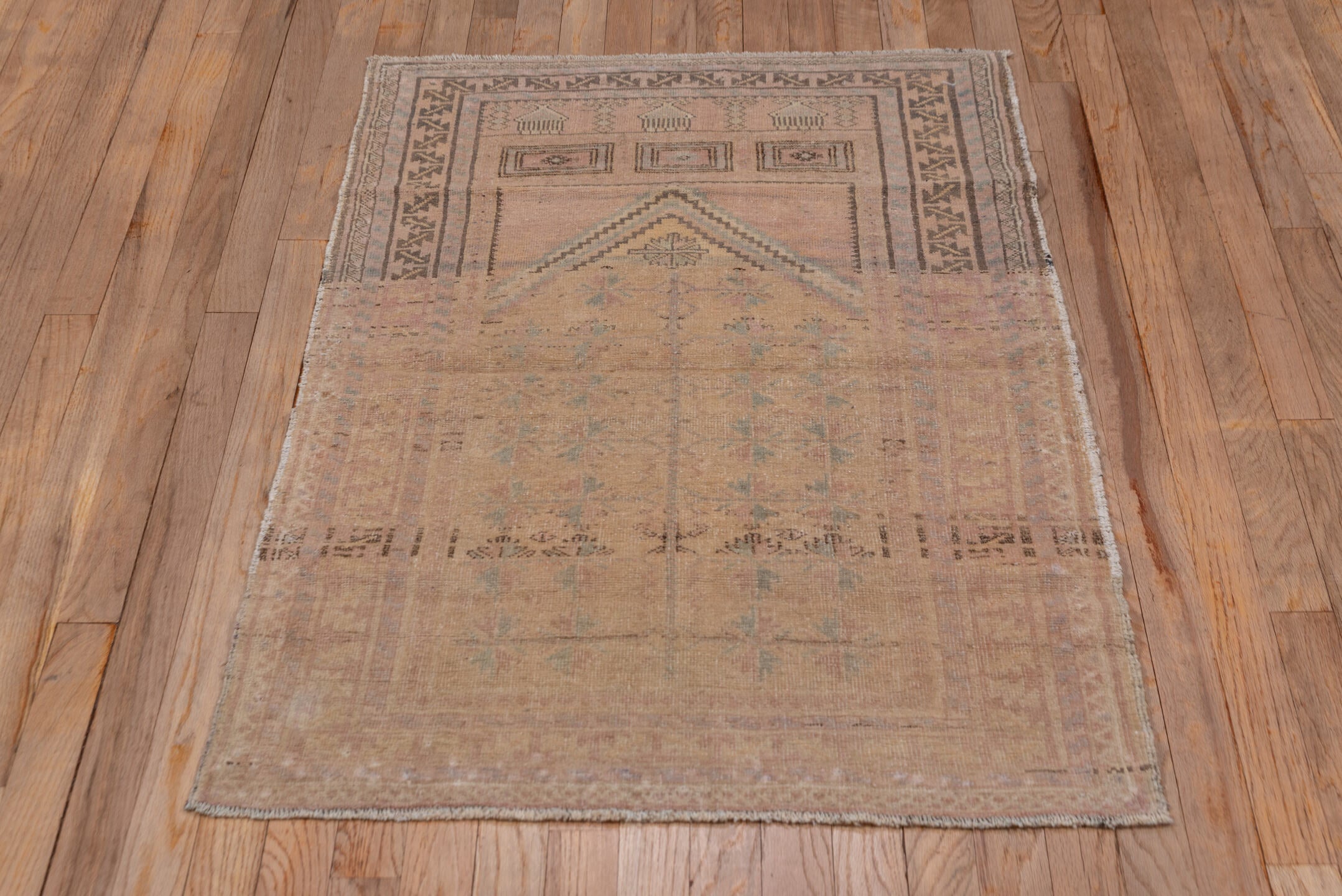 2' x 4' one-of-a-kind handmade vintage Anatol small size rug. Color palette: brown, gray, light gray, off-white, pink, snow
