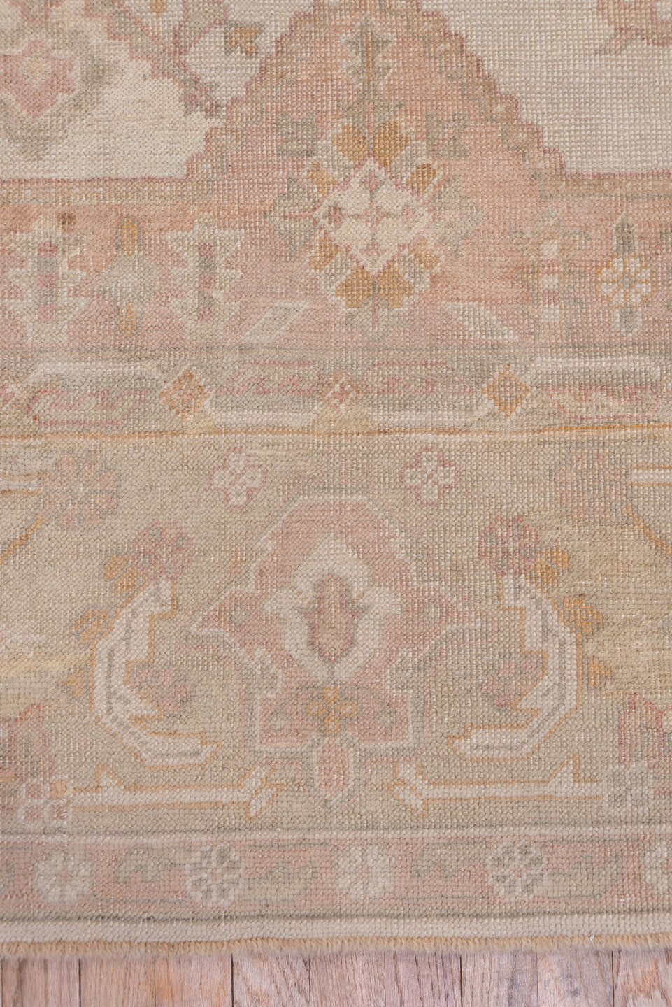 9' x 12' one-of-a-kind handmade antique Oushak large size rug. Color palette: ivory, blush, taupe, sage, peach, beige, pink