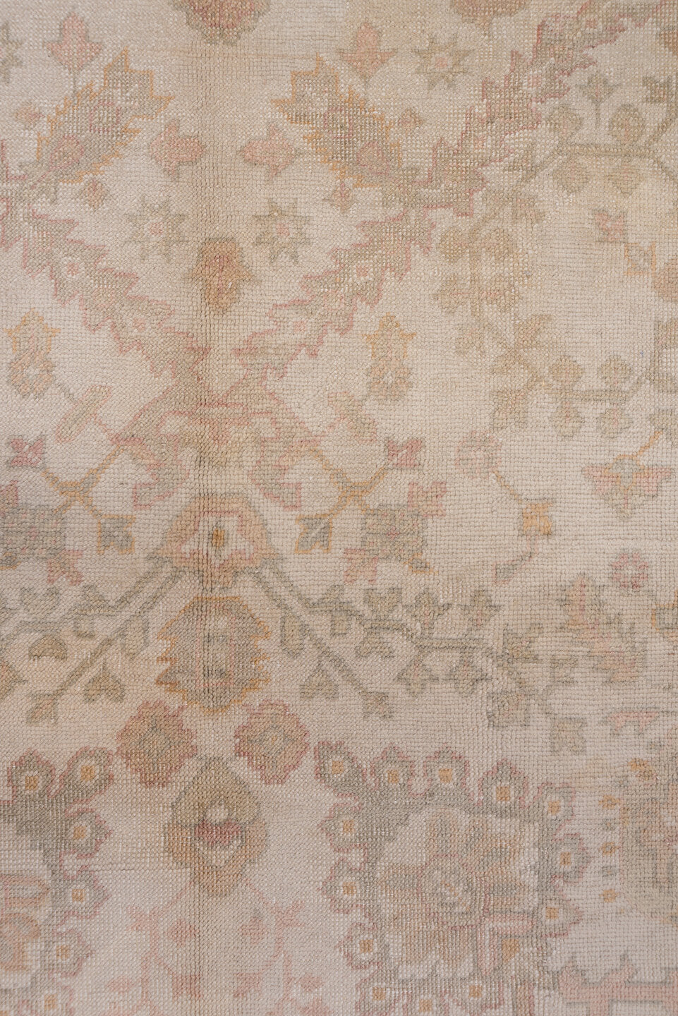 9' x 12' one-of-a-kind handmade antique Oushak large size rug. Color palette: ivory, blush, taupe, sage, peach, beige, pink