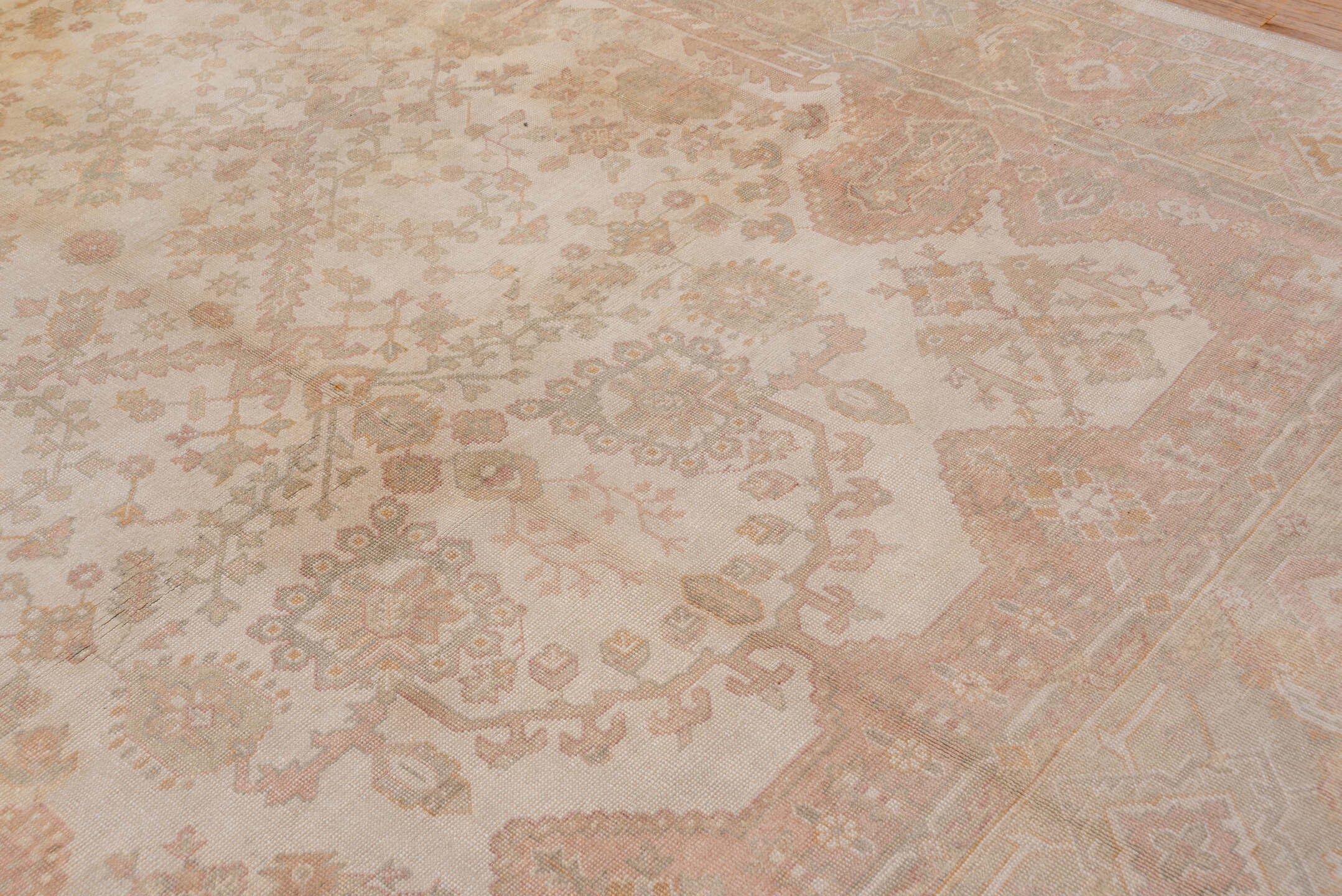 9' x 12' one-of-a-kind handmade antique Oushak large size rug. Color palette: ivory, blush, taupe, sage, peach, beige, pink