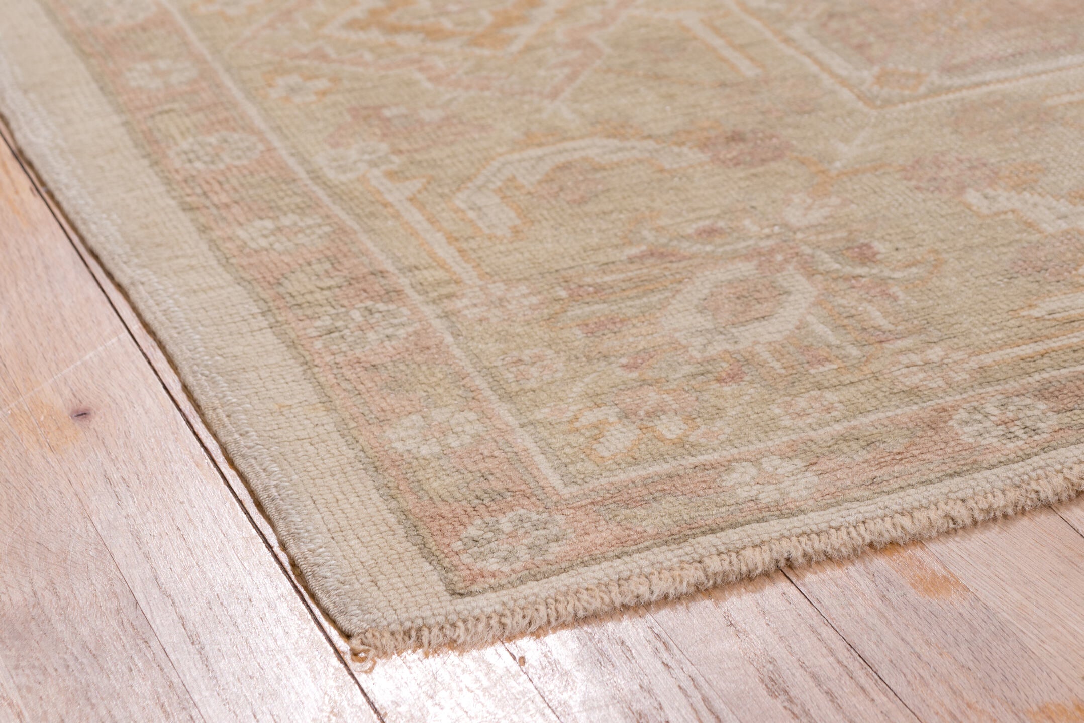 9' x 12' one-of-a-kind handmade antique Oushak large size rug. Color palette: ivory, blush, taupe, sage, peach, beige, pink