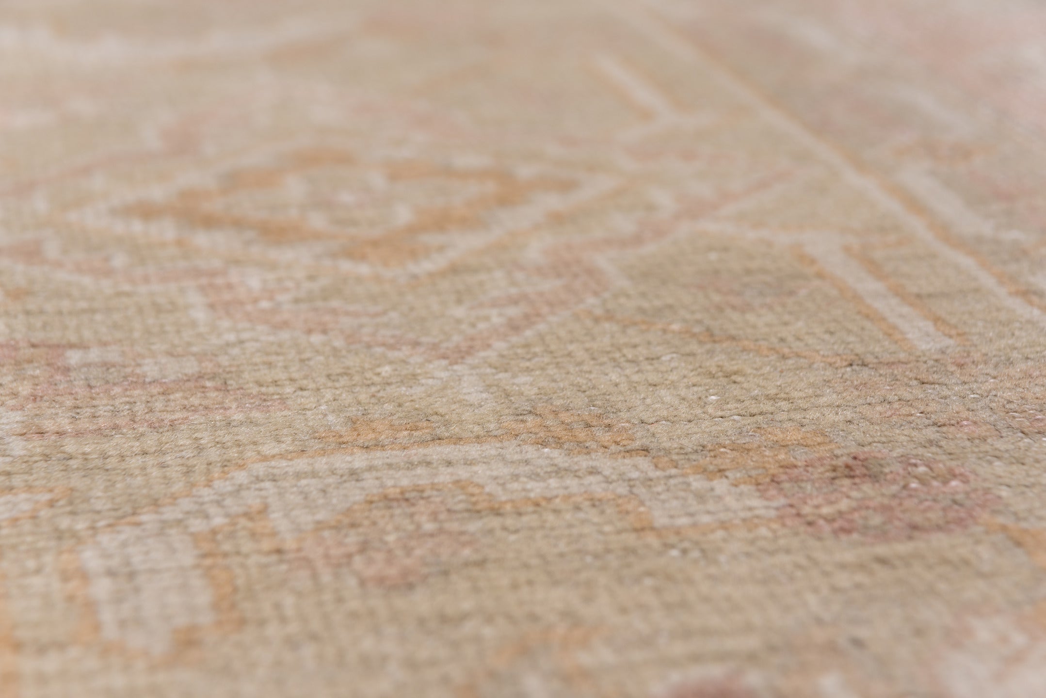 9' x 12' one-of-a-kind handmade antique Oushak large size rug. Color palette: ivory, blush, taupe, sage, peach, beige, pink