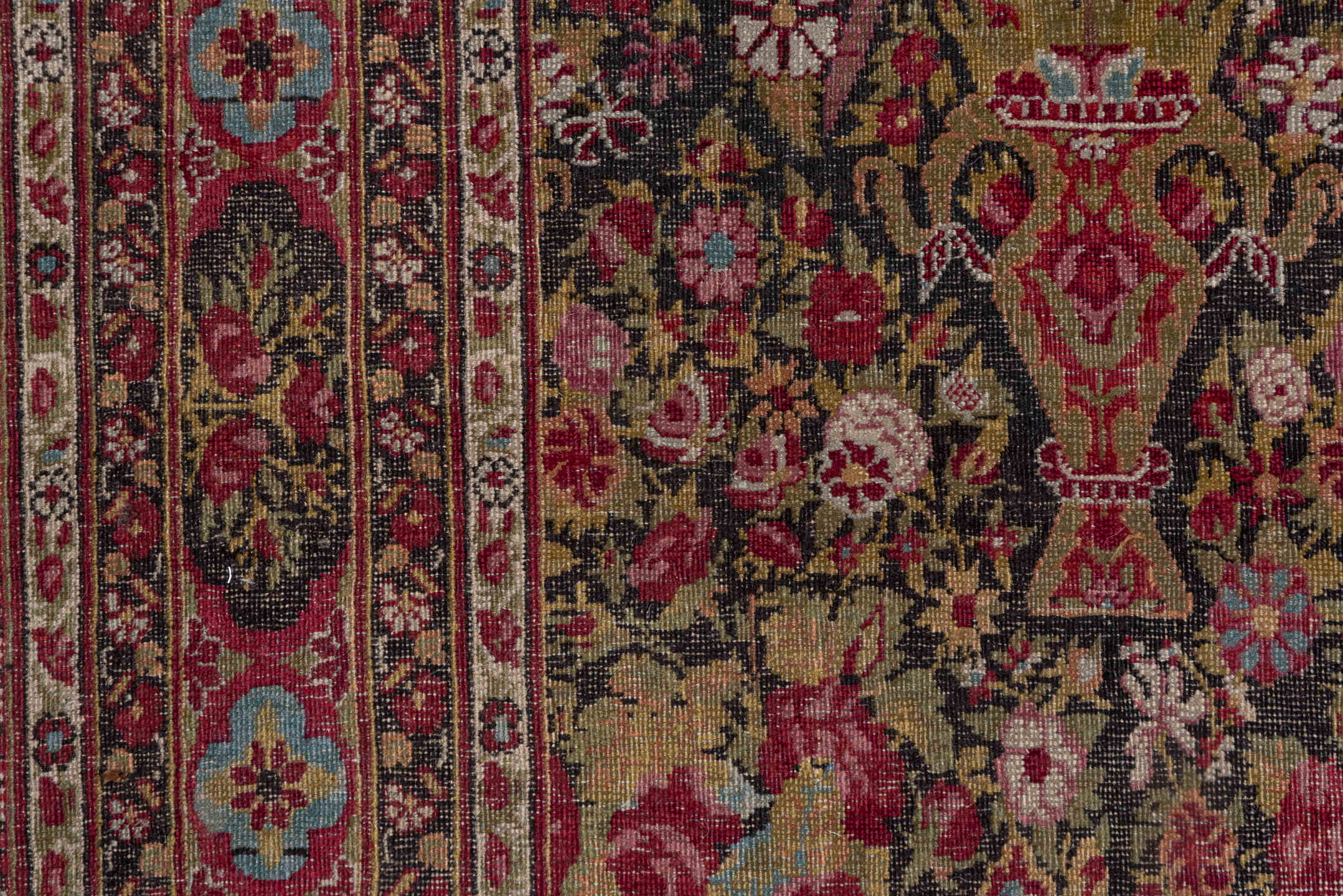 4' x 8' one-of-a-kind handmade antique Agra rug. Color palette: olive, rust, rose, ivory, burgundy, gold, sky_blue, brown
