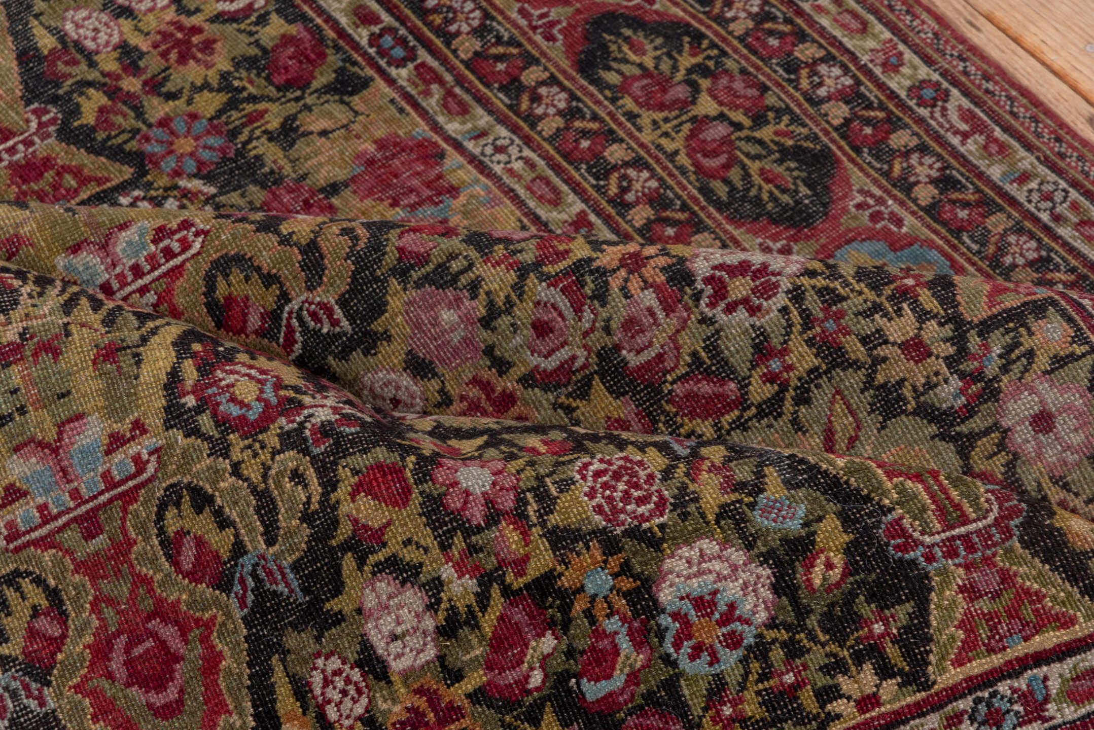 4' x 8' one-of-a-kind handmade antique Agra rug. Color palette: olive, rust, rose, ivory, burgundy, gold, sky_blue, brown