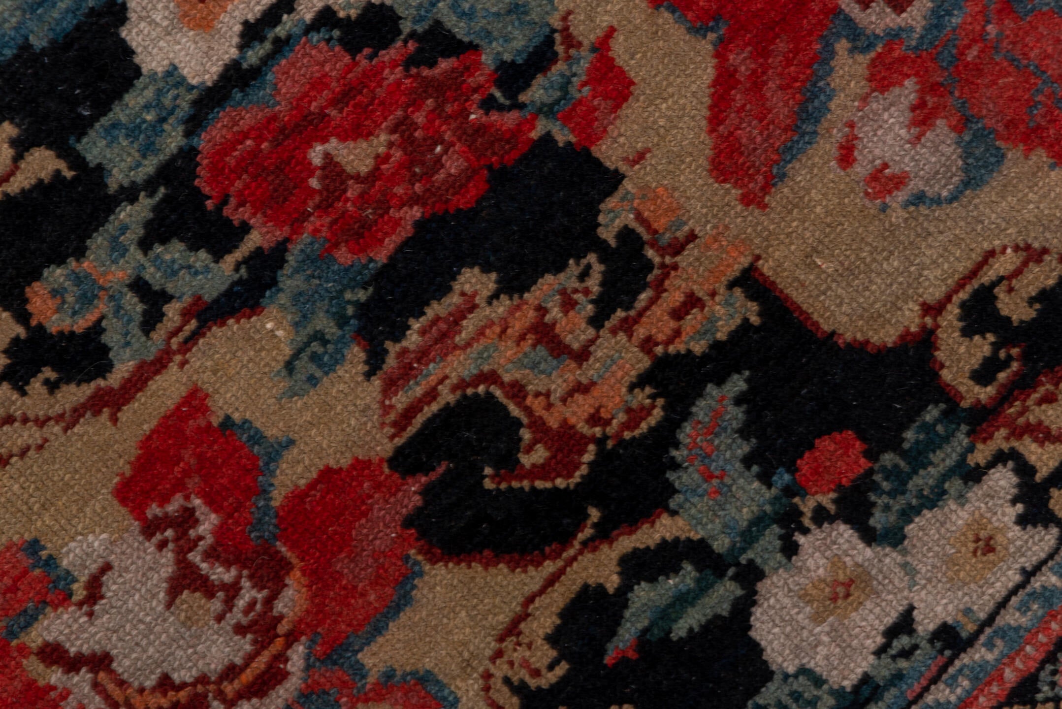 4' x 5' one-of-a-kind handmade vintage Malayer small size rug. Color palette: black, brown, gray, pink, red