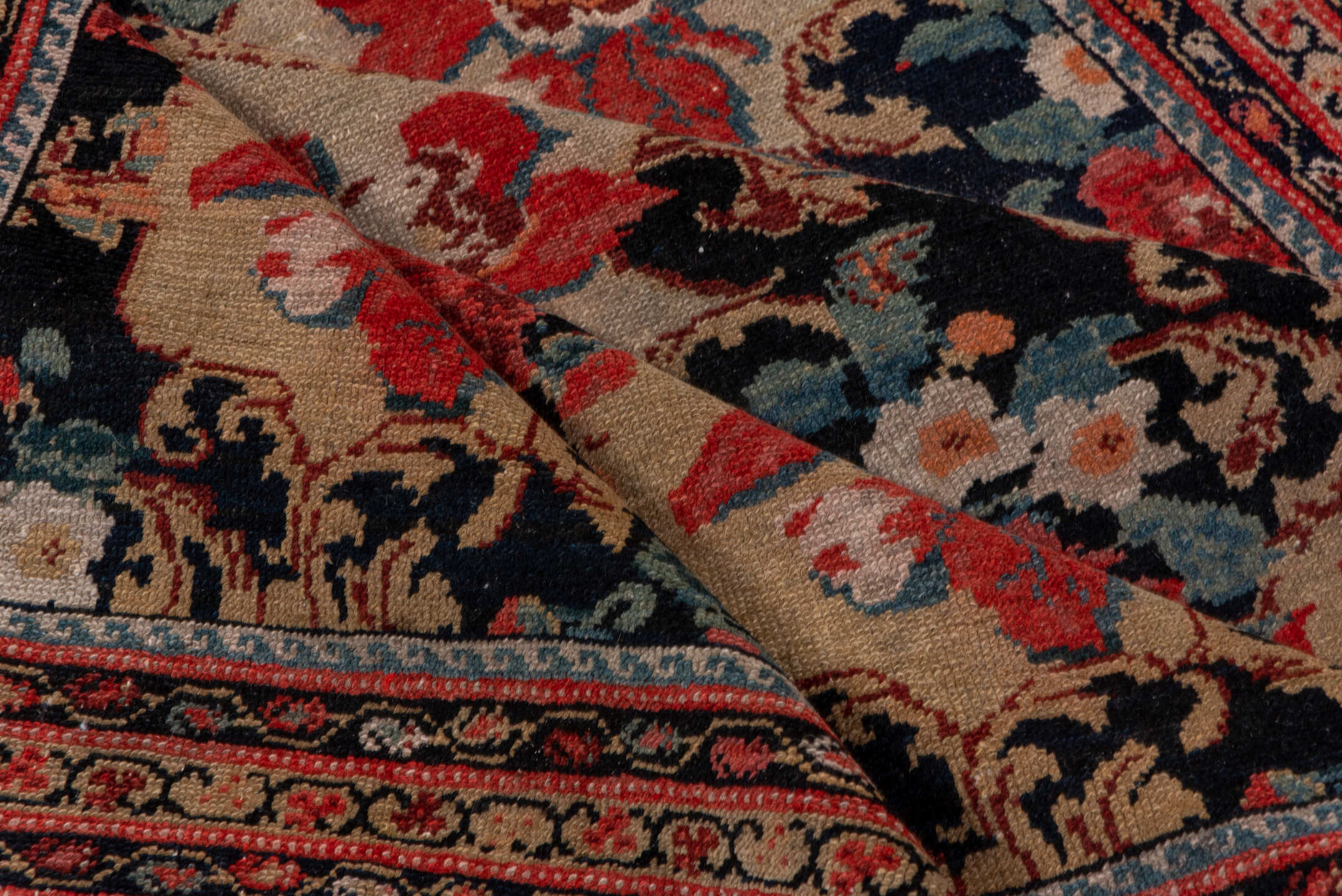 4' x 5' one-of-a-kind handmade antique Malayer small size rug. Color palette: navy, rose, ivory, rust, camel, slate, crimson