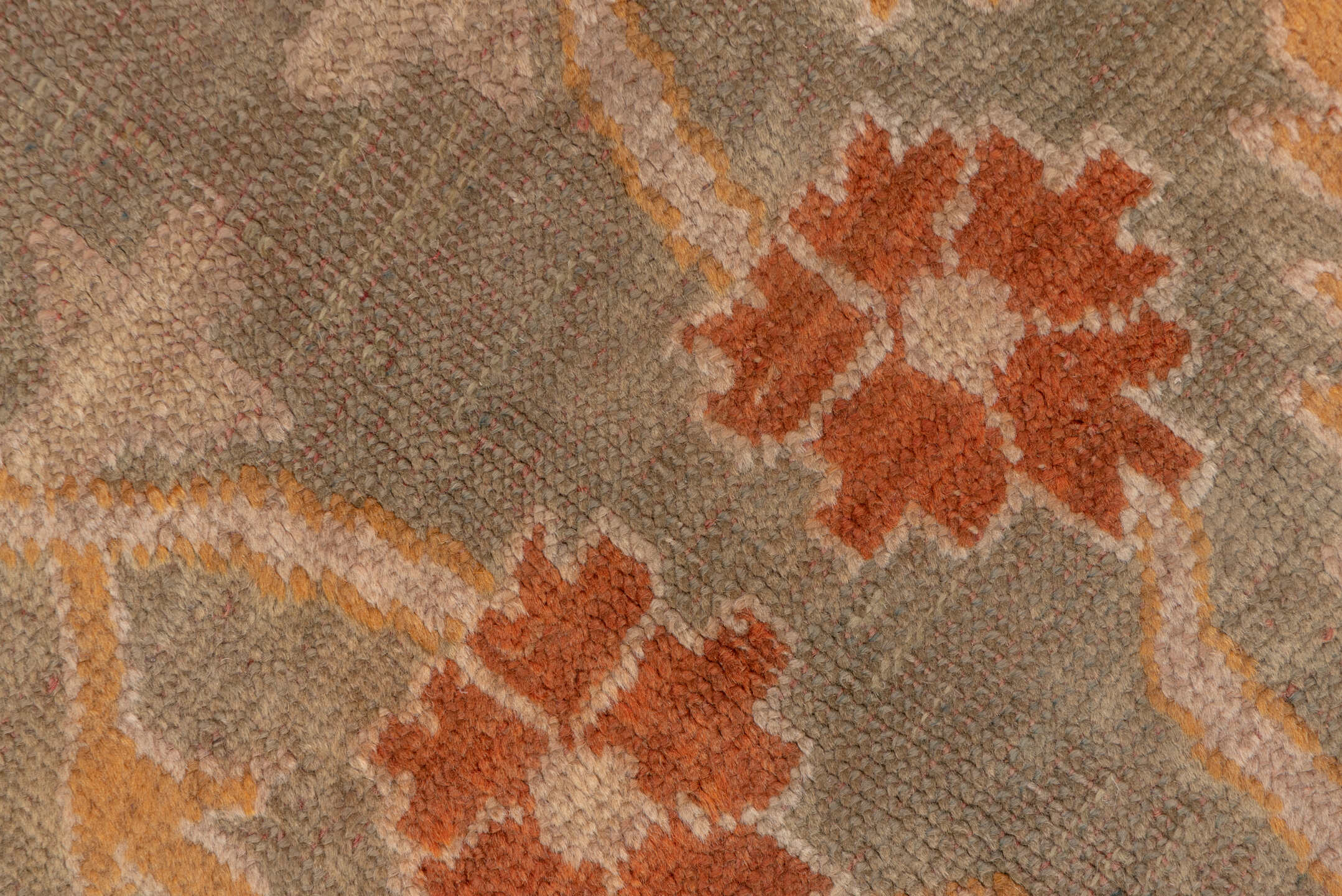 3' x 9' one-of-a-kind handmade vintage Oushak runner rug. Color palette: brown, off-white, pink, red, saddle brown, snow