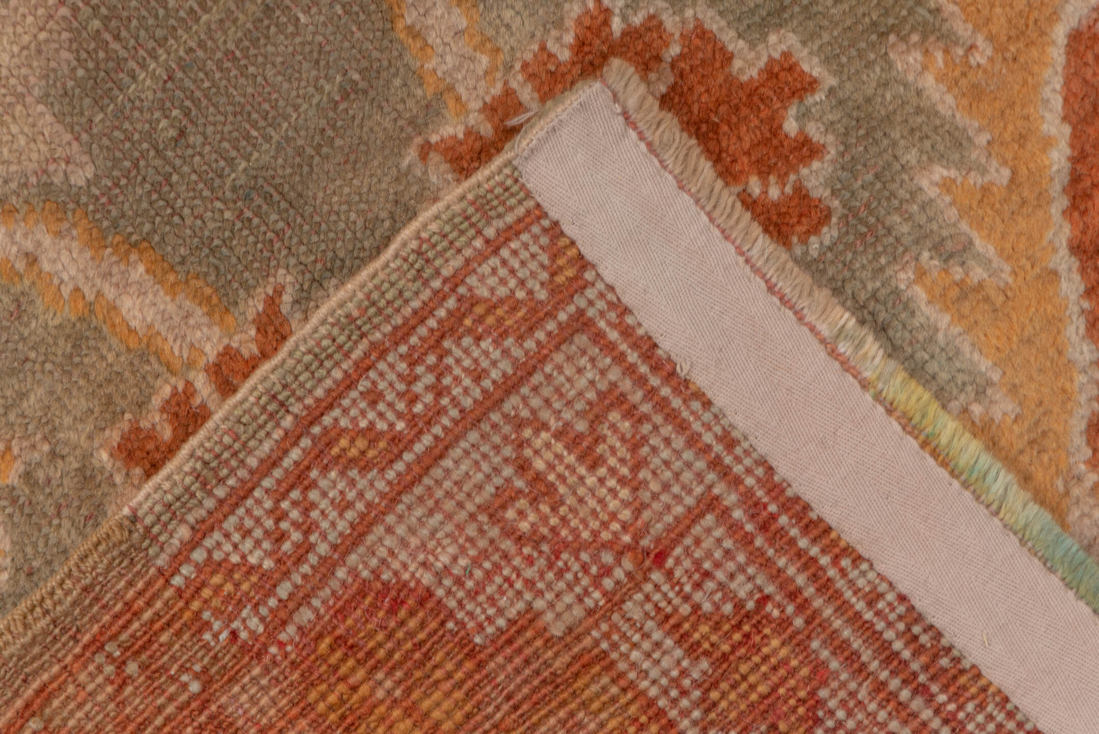 3' x 9' one-of-a-kind handmade vintage Oushak runner rug. Color palette: brown, off-white, pink, red, saddle brown, snow
