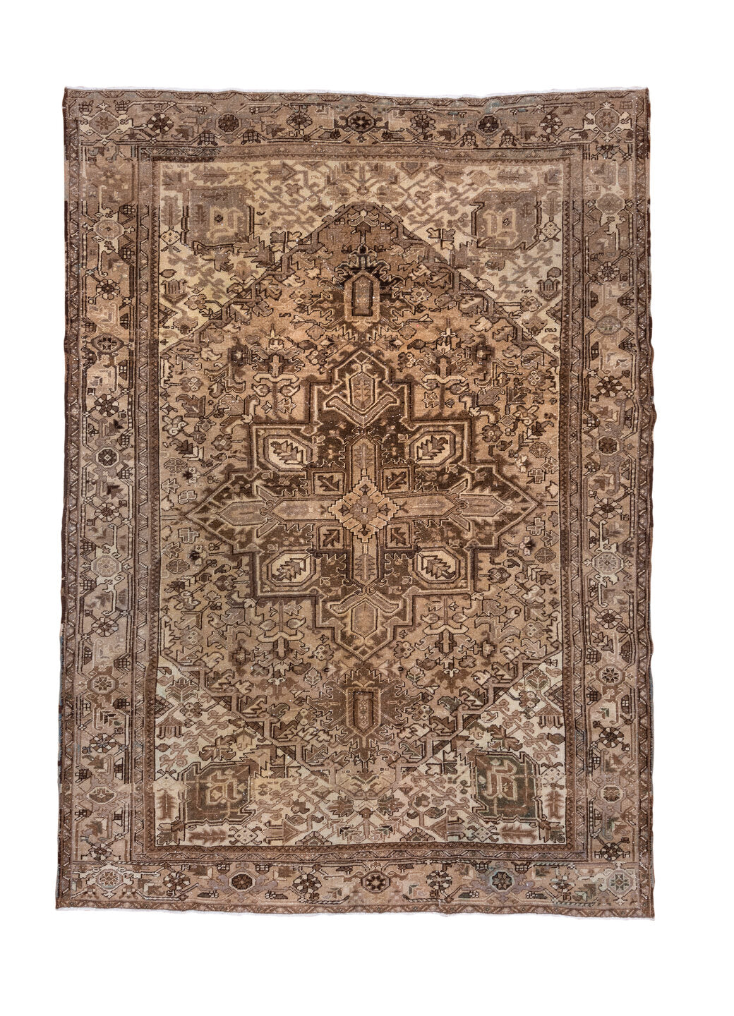 7' x 10' one-of-a-kind handmade vintage Heriz large size rug. Color palette: brown, gray, light gray, off-white, orange