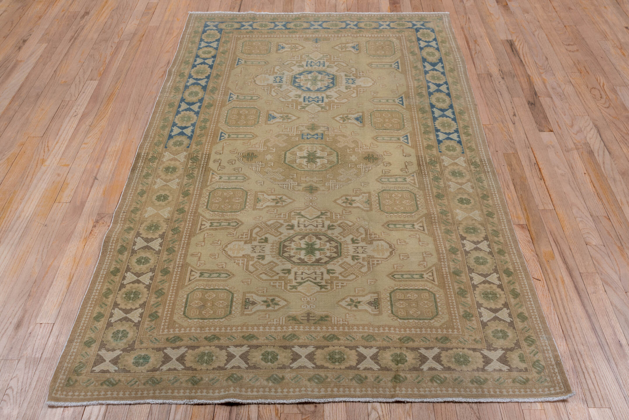 4' x 6' one-of-a-kind handmade vintage Oushak small size rug. Color palette: blue, brown, dim gray, gray