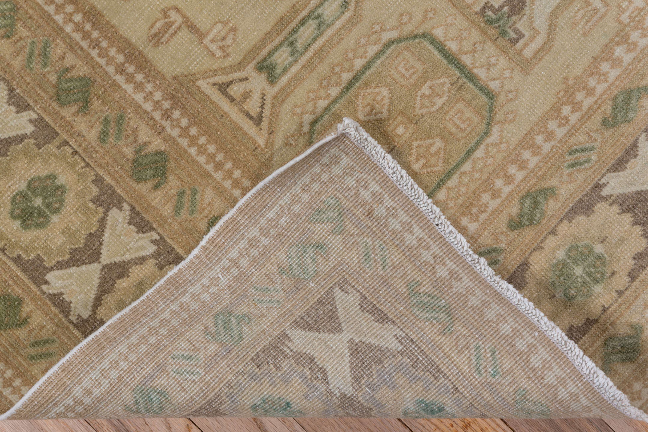 4' x 6' one-of-a-kind handmade antique Oushak small size rug. Color palette: beige, taupe, sage, blue, ivory, camel, olive