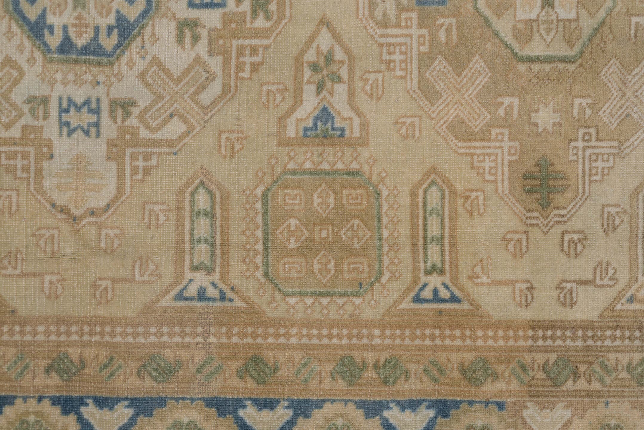 4' x 6' one-of-a-kind handmade antique Oushak small size rug. Color palette: beige, taupe, sage, blue, ivory, camel, olive