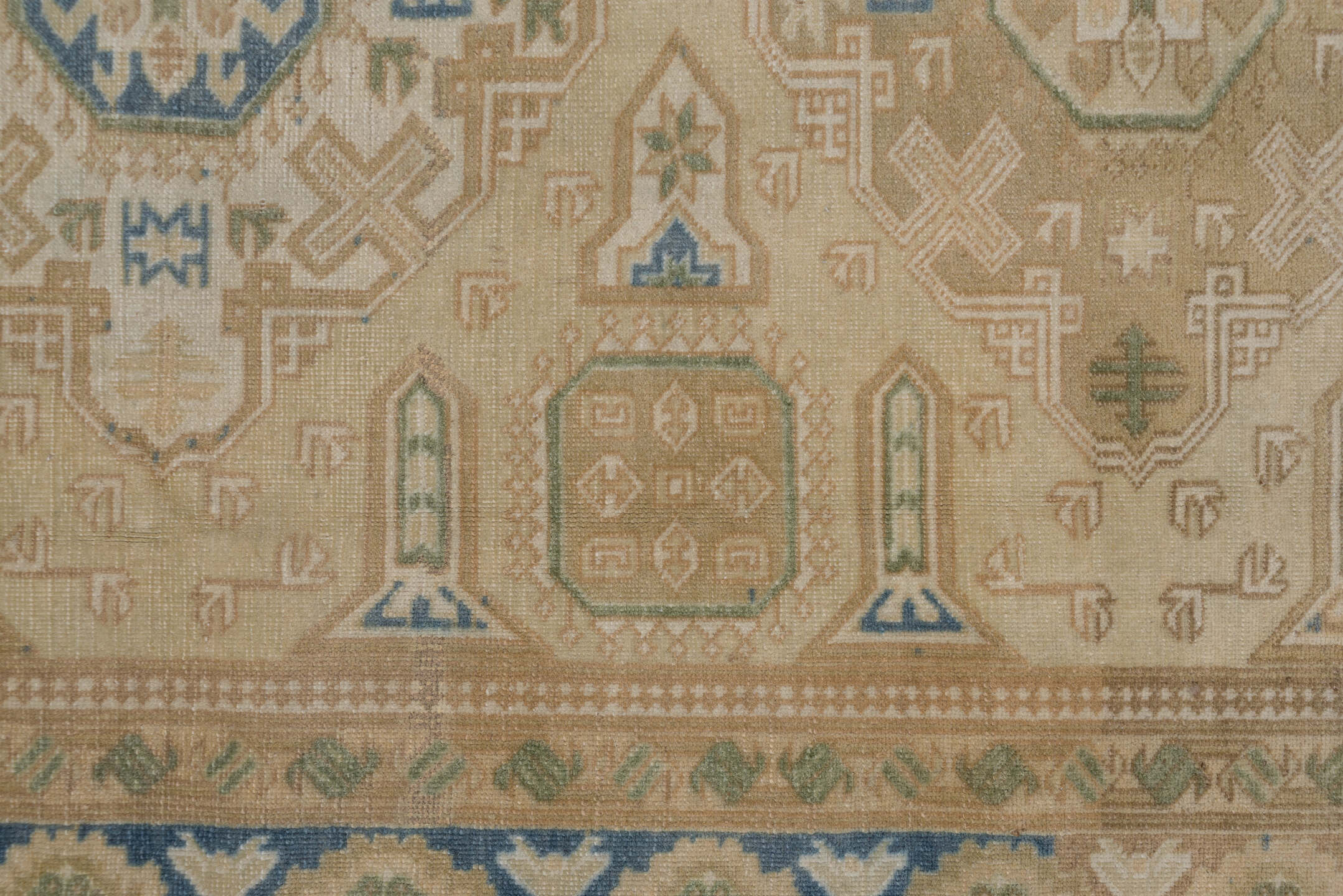 4' x 6' one-of-a-kind handmade antique Oushak small size rug. Color palette: beige, taupe, sage, blue, ivory, camel, olive