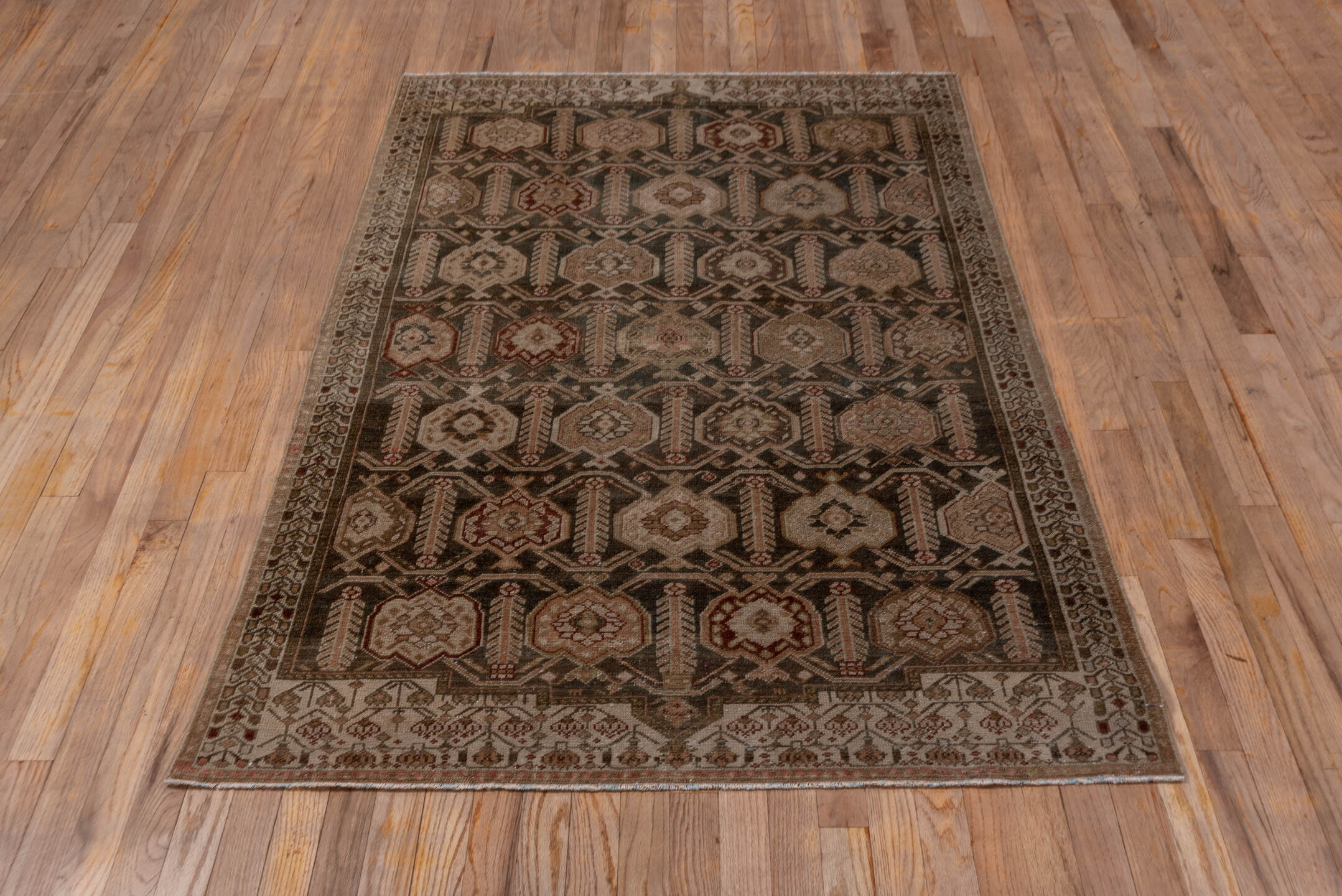 3' x 6' one-of-a-kind handmade antique Malayer small size rug. Color palette: brown, ivory, taupe, rust, charcoal, camel