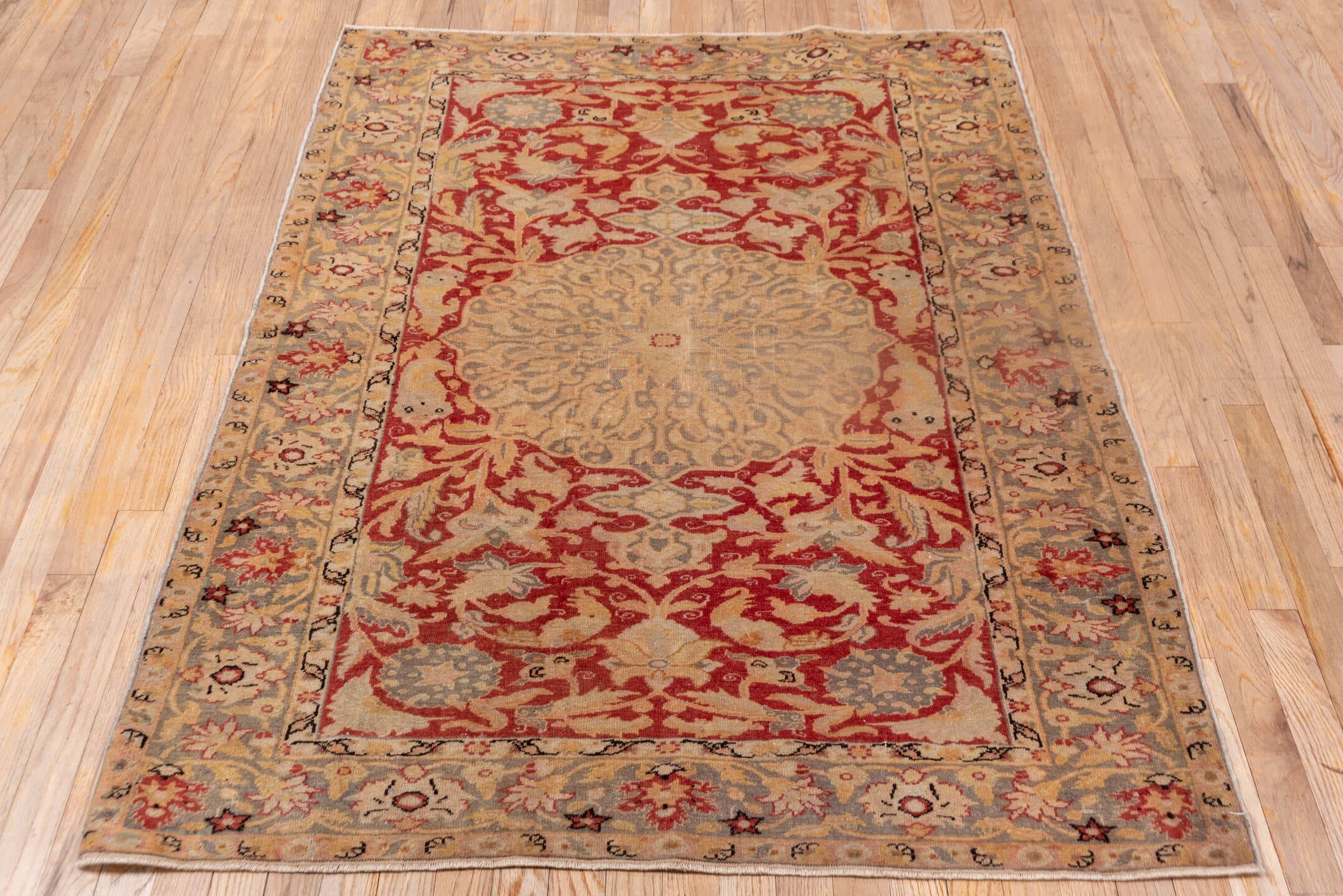 4' x 5' one-of-a-kind handmade antique Kaisary small size rug. Color palette: red, ivory, taupe, beige, slate, camel, gray