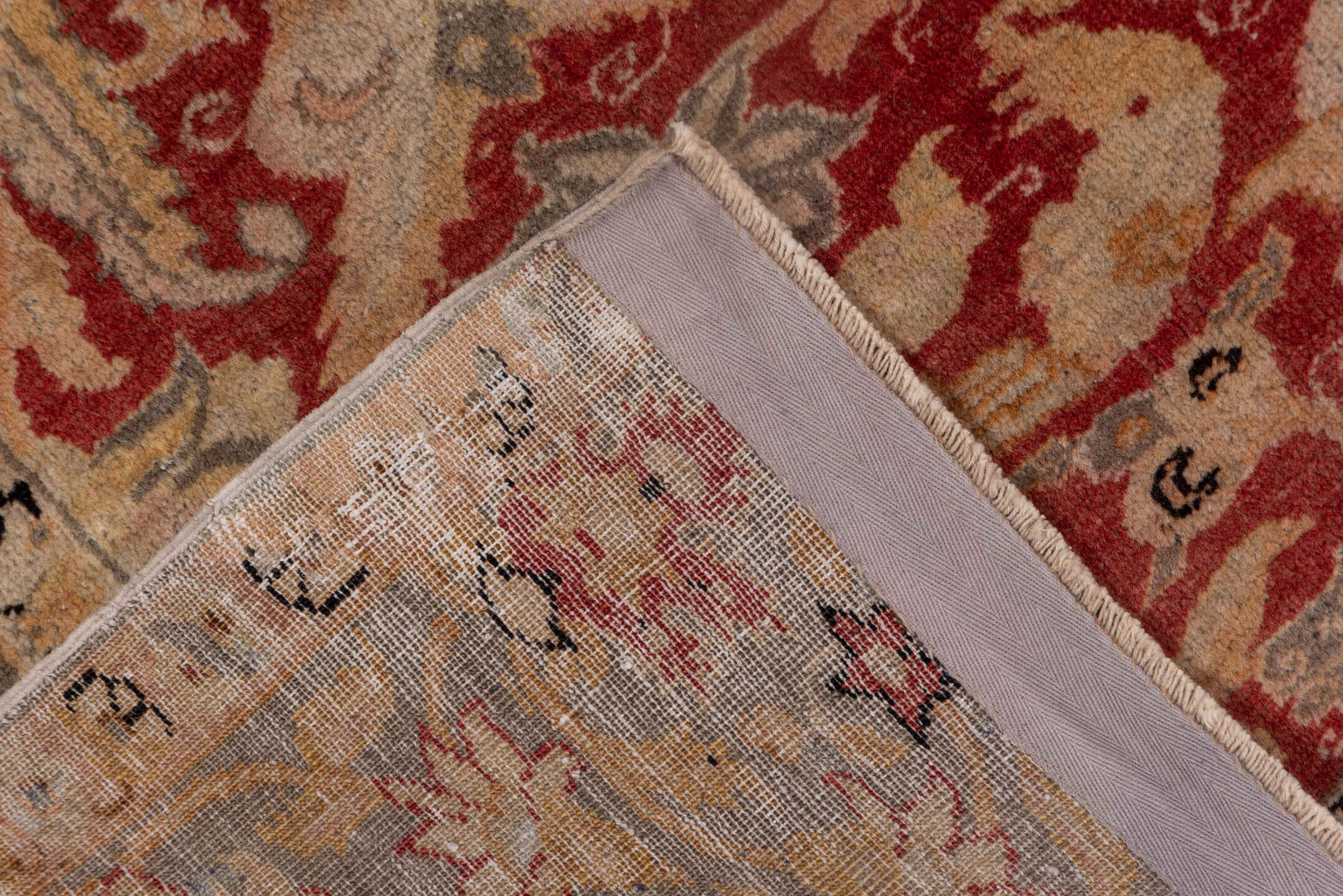 4' x 5' one-of-a-kind handmade antique Kaisary small size rug. Color palette: red, ivory, taupe, beige, slate, camel, gray