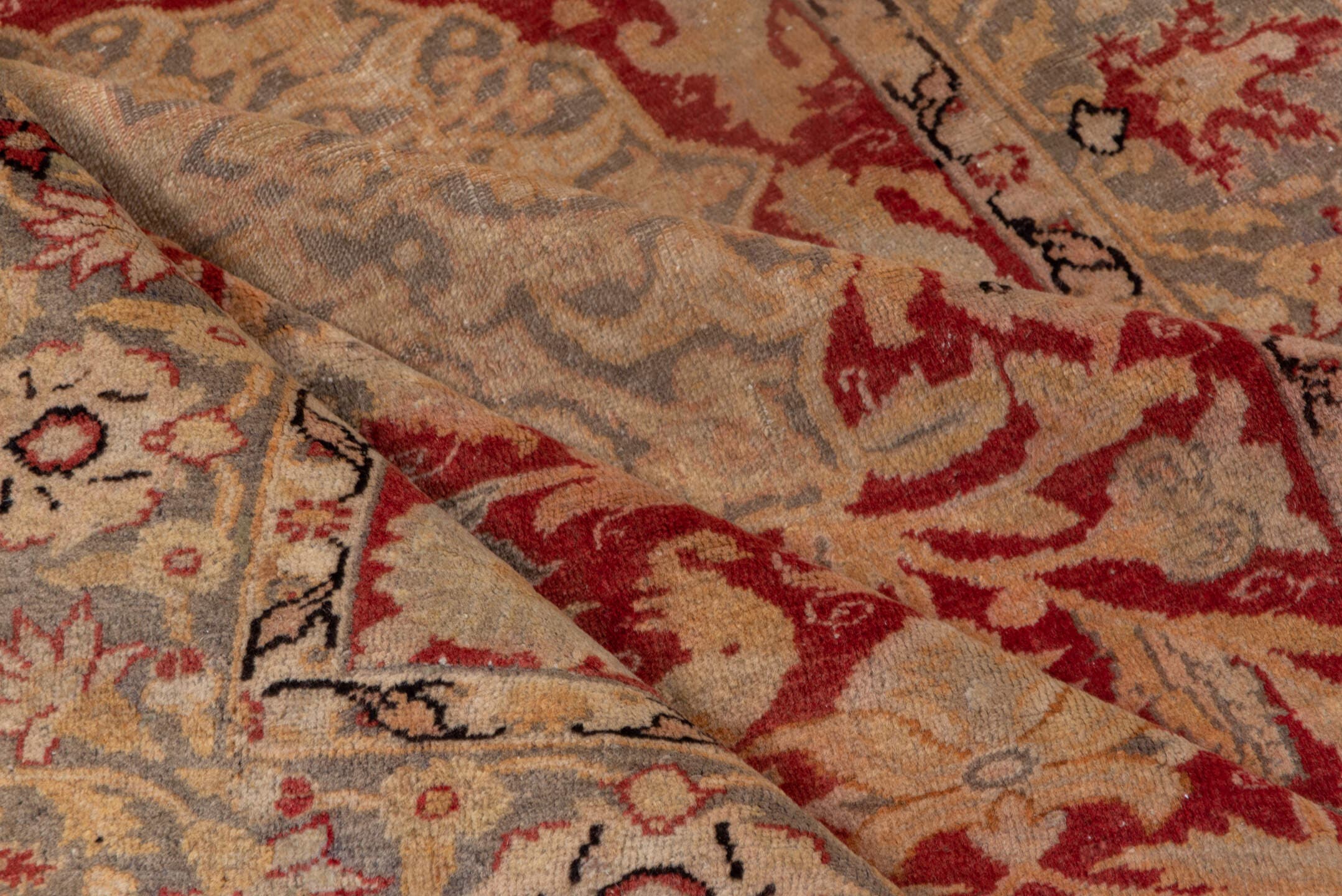 4' x 5' one-of-a-kind handmade antique Kaisary small size rug. Color palette: red, ivory, taupe, beige, slate, camel, gray