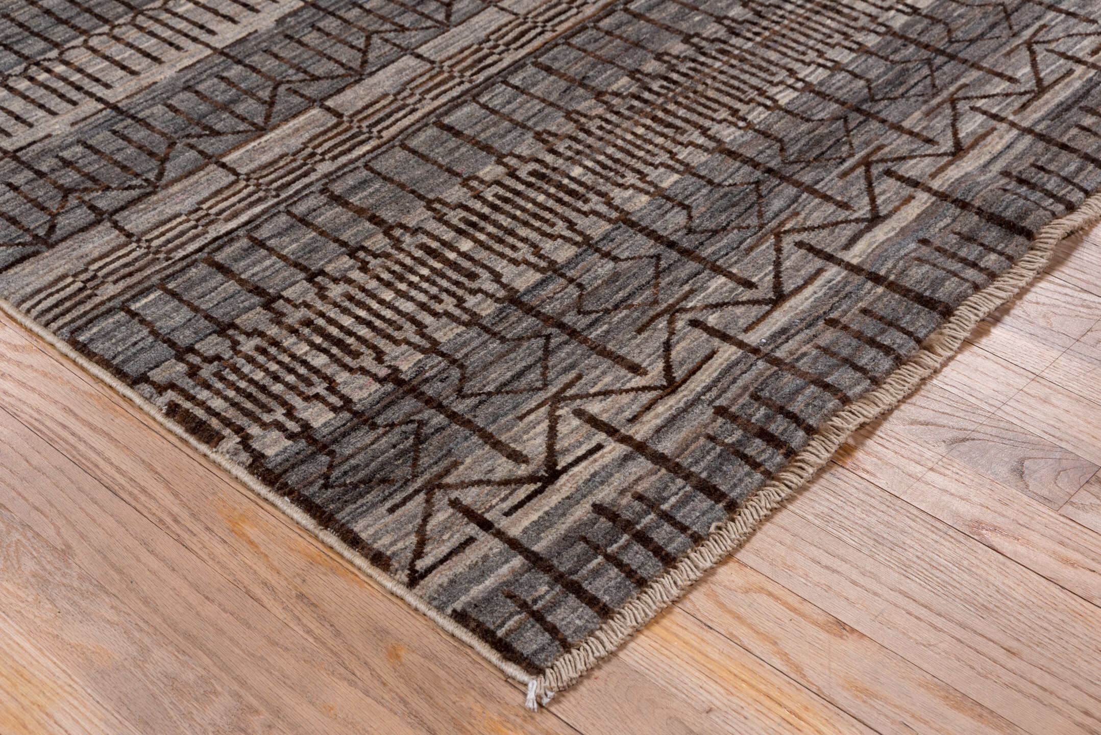 6' x 9' one-of-a-kind handmade vintage Gabbe medium size rug. Color palette: taupe, charcoal, ivory, brown, gray, beige