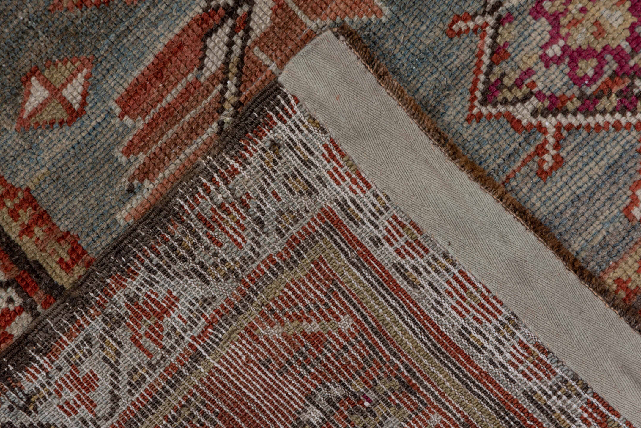 3' x 12' one-of-a-kind handmade vintage NW Persian runner rug. Color palette: brown, gray, pink, red