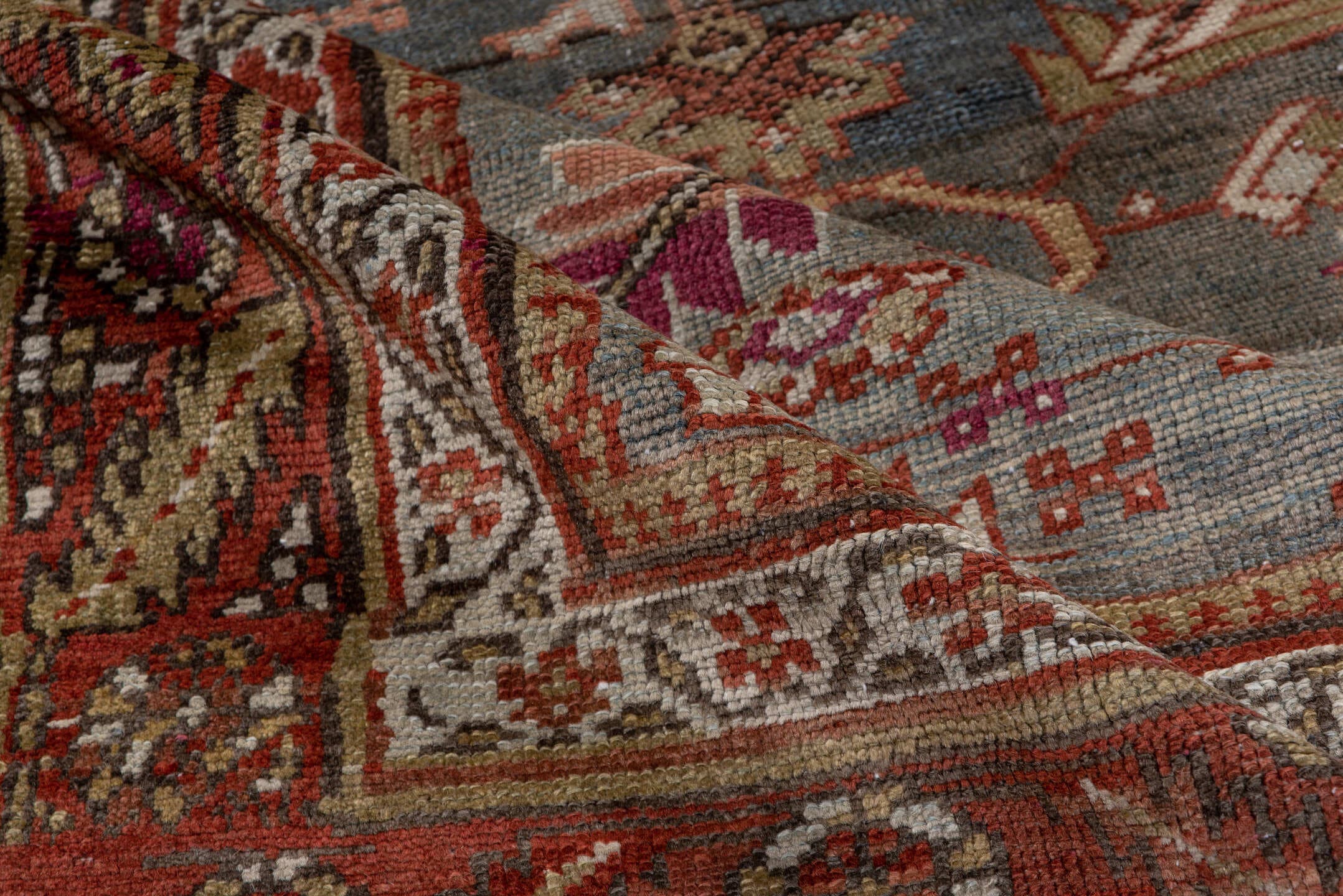 3' x 12' one-of-a-kind handmade antique NW Persian runner rug. Color palette: blue, rust, ivory, camel, burgundy, taupe