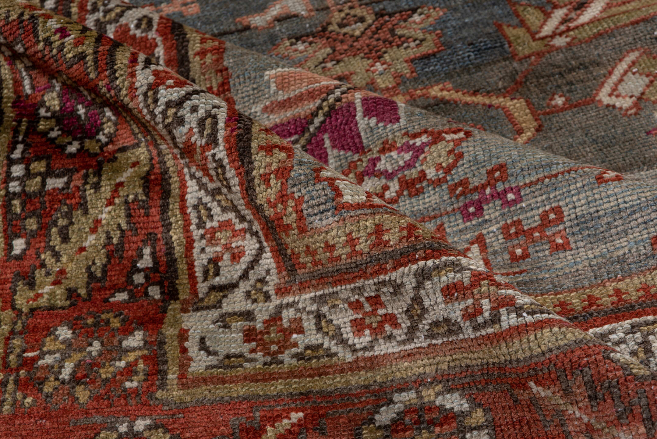 3' x 12' one-of-a-kind handmade vintage NW Persian runner rug. Color palette: brown, gray, pink, red