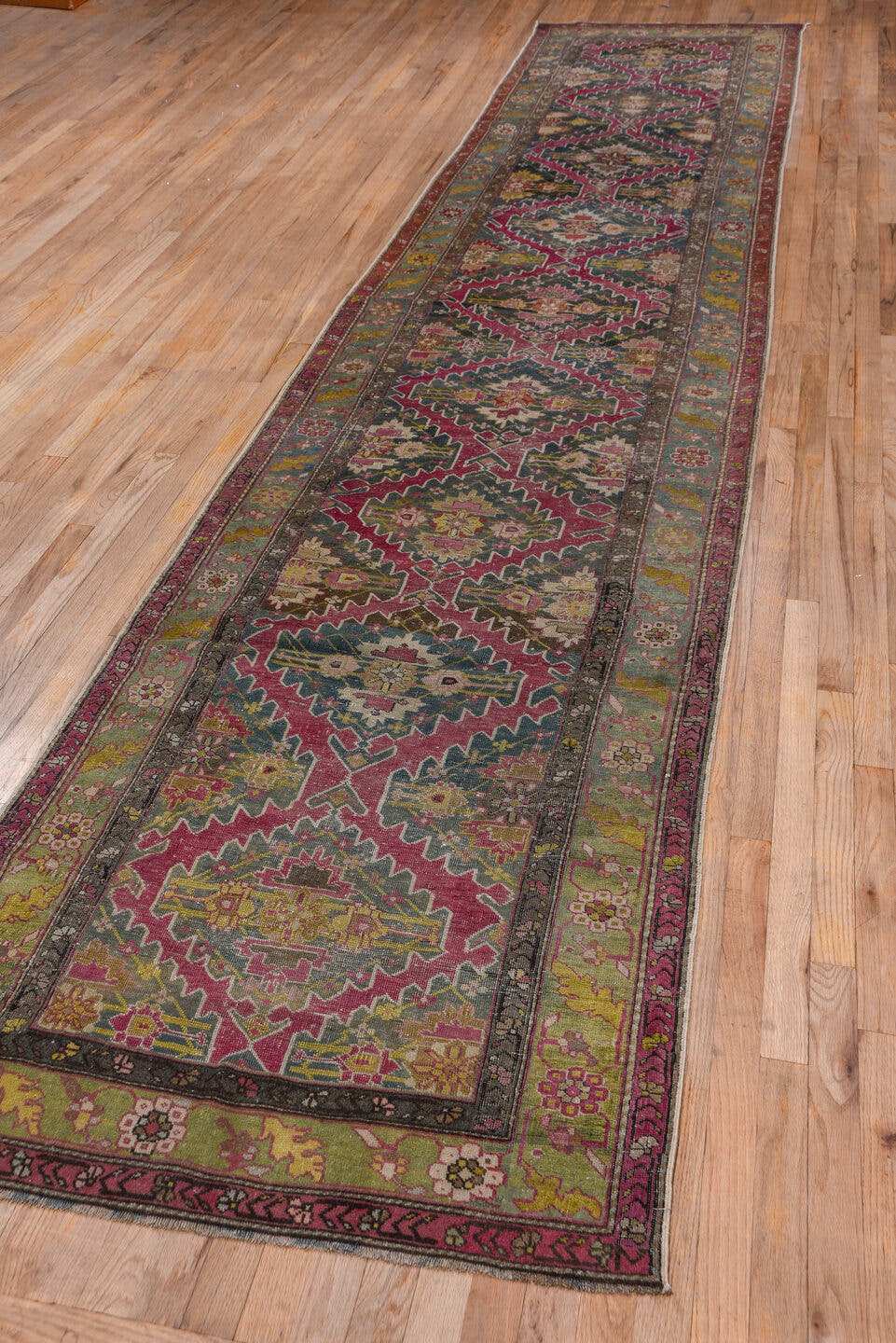 3' x 17' one-of-a-kind handmade antique Karabagh runner rug. Color palette: rose, slate, taupe, burgundy, sage, ivory, gold