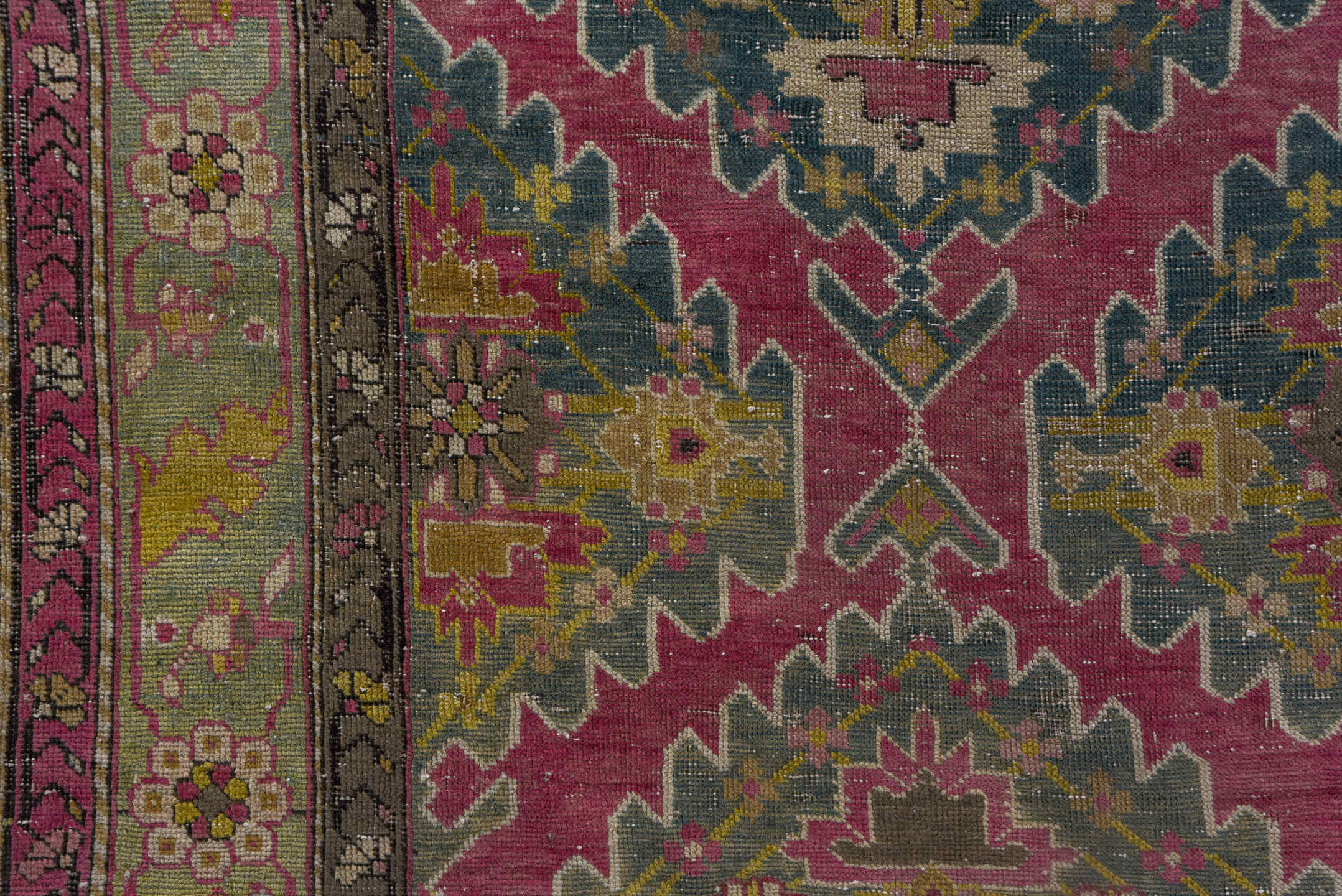 3' x 17' one-of-a-kind handmade antique Karabagh runner rug. Color palette: rose, slate, taupe, burgundy, sage, ivory, gold