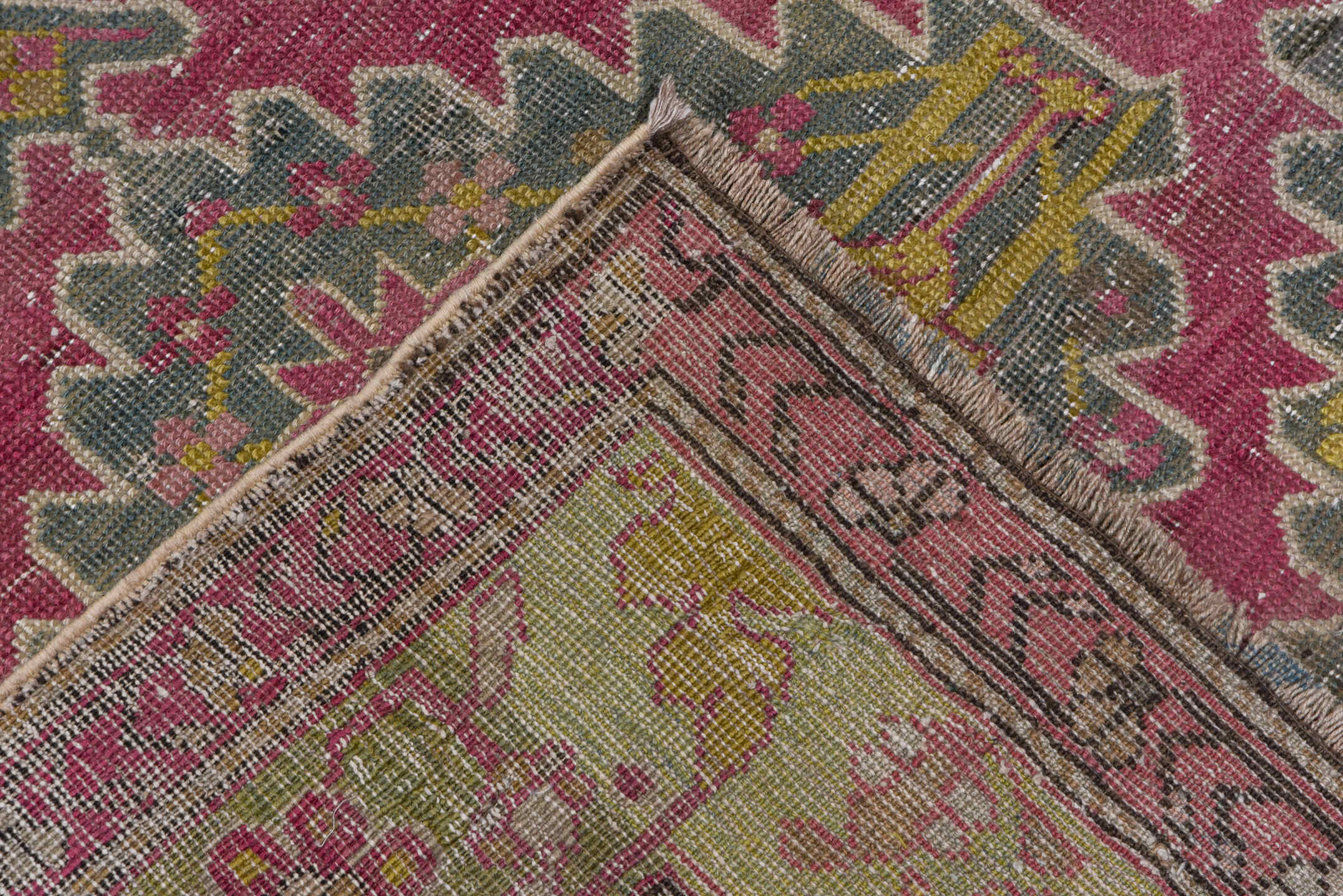 3' x 17' one-of-a-kind handmade antique Karabagh runner rug. Color palette: rose, slate, taupe, burgundy, sage, ivory, gold