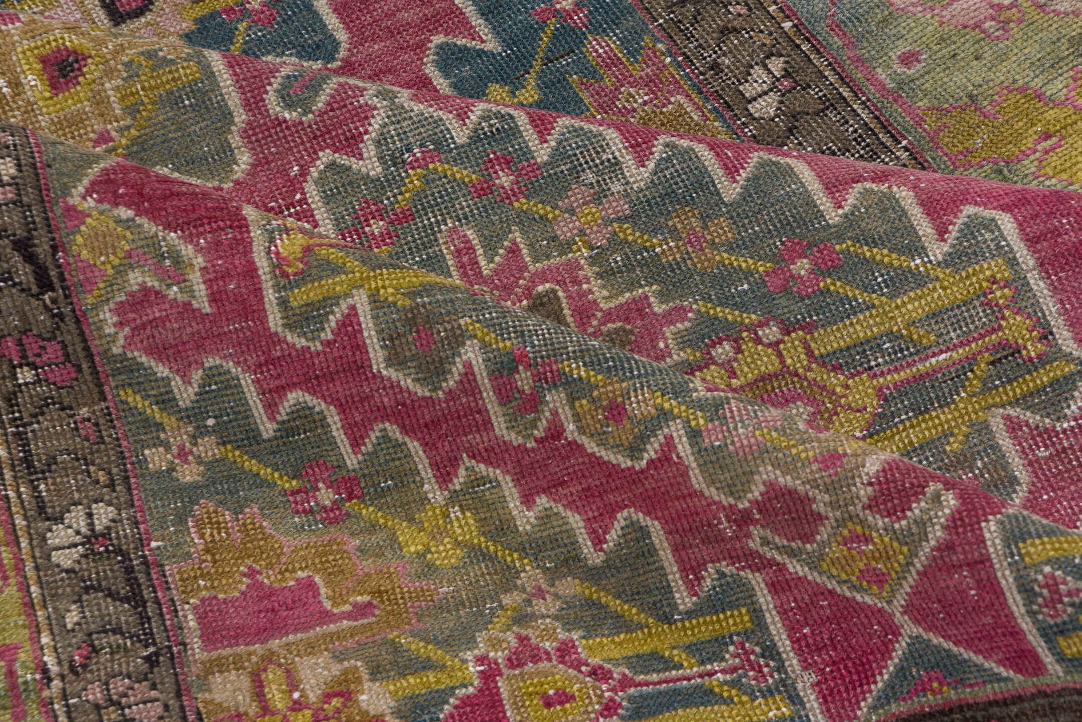 3' x 17' one-of-a-kind handmade antique Karabagh runner rug. Color palette: rose, slate, taupe, burgundy, sage, ivory, gold