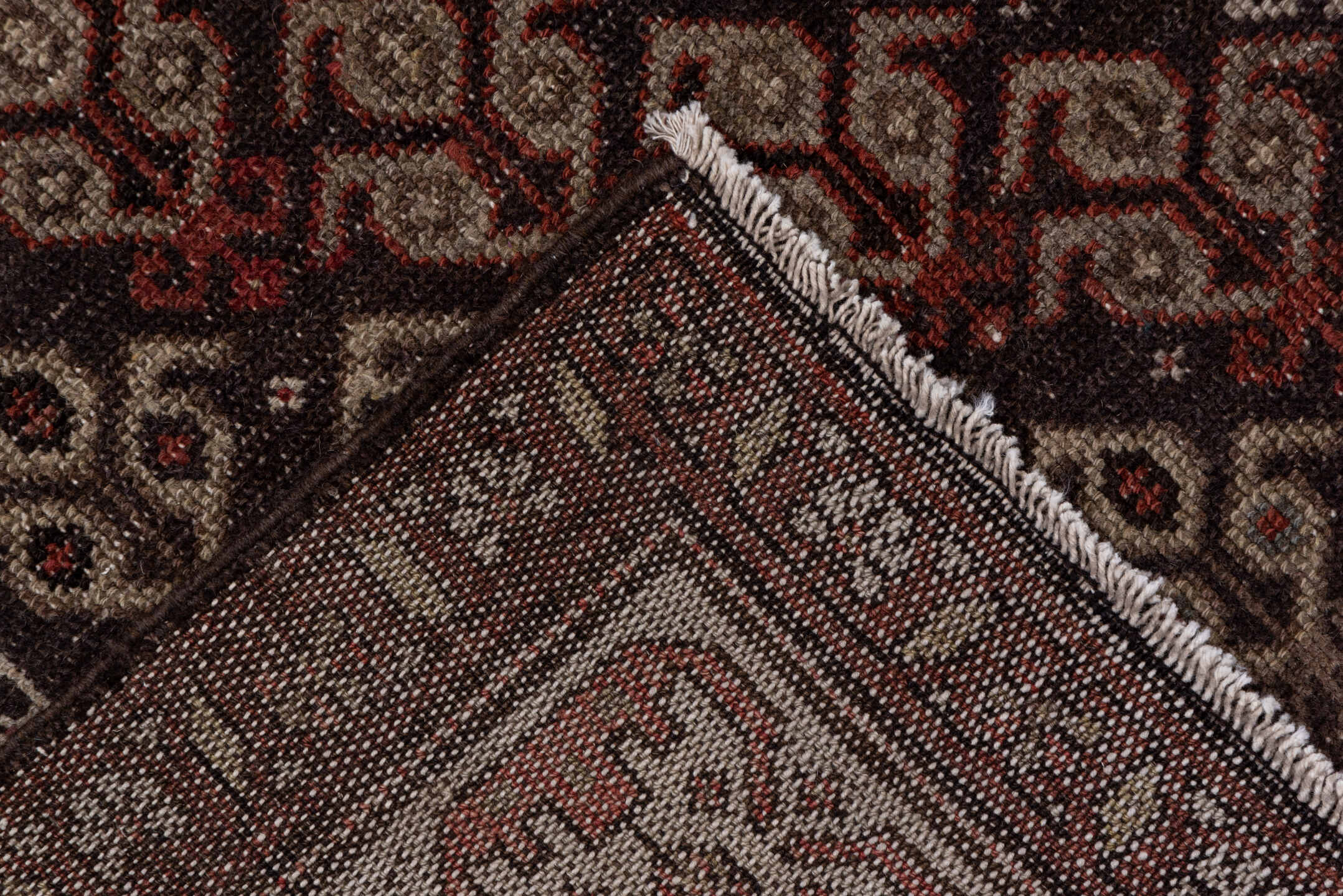 4' x 8' one-of-a-kind handmade vintage Malayer runner rug. Color palette: brown, gray, light gray, pink, red, redwood