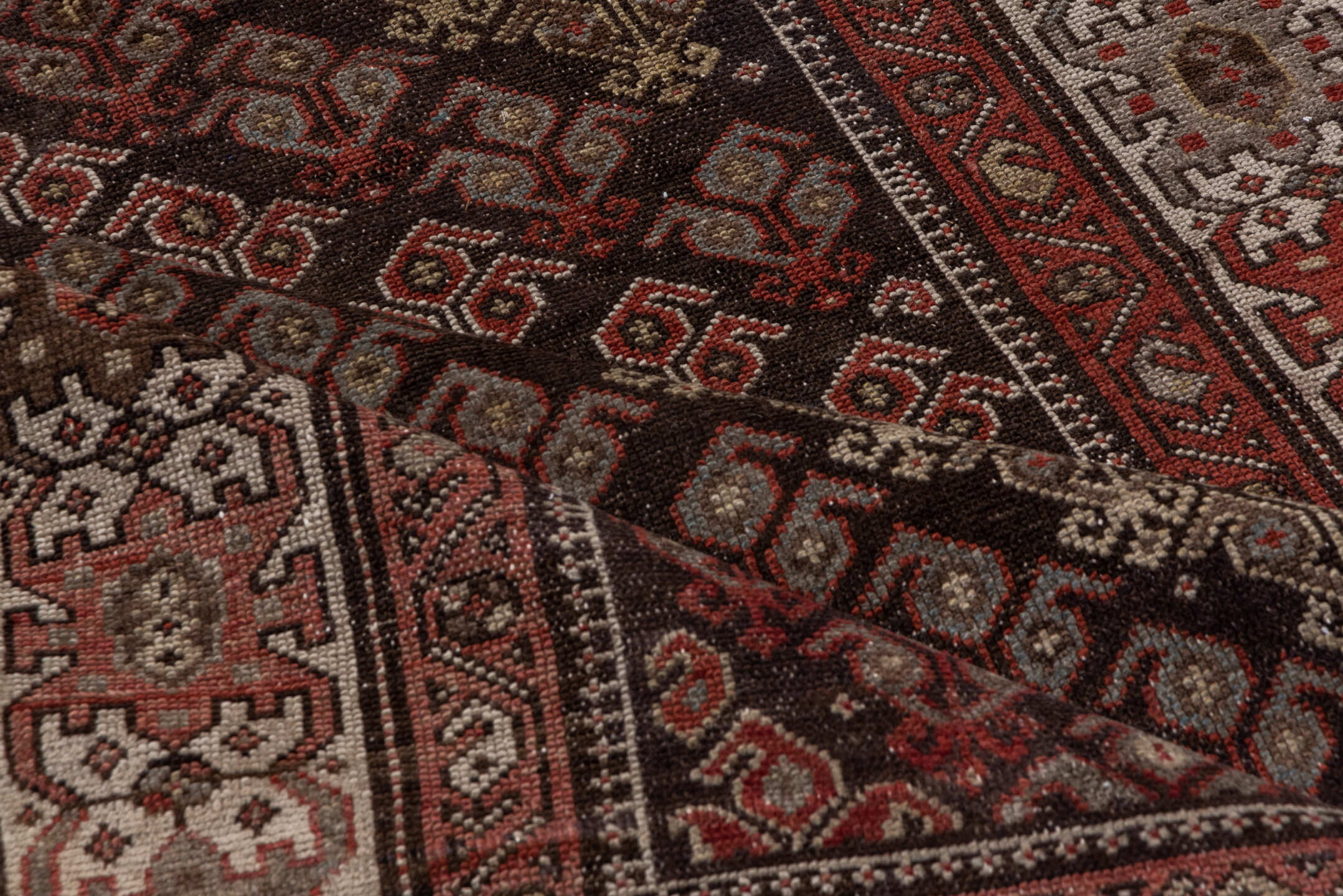 4' x 8' one-of-a-kind handmade antique Malayer runner rug. Color palette: brown, ivory, rust, rose, taupe, burgundy