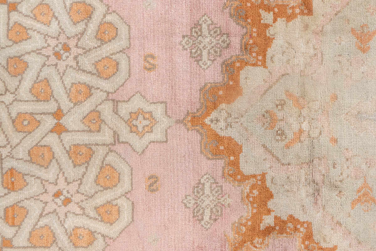 10' x 21' one-of-a-kind handmade antique Oushak rug. Color palette: ivory, blush, peach, taupe, camel, sage, pink
