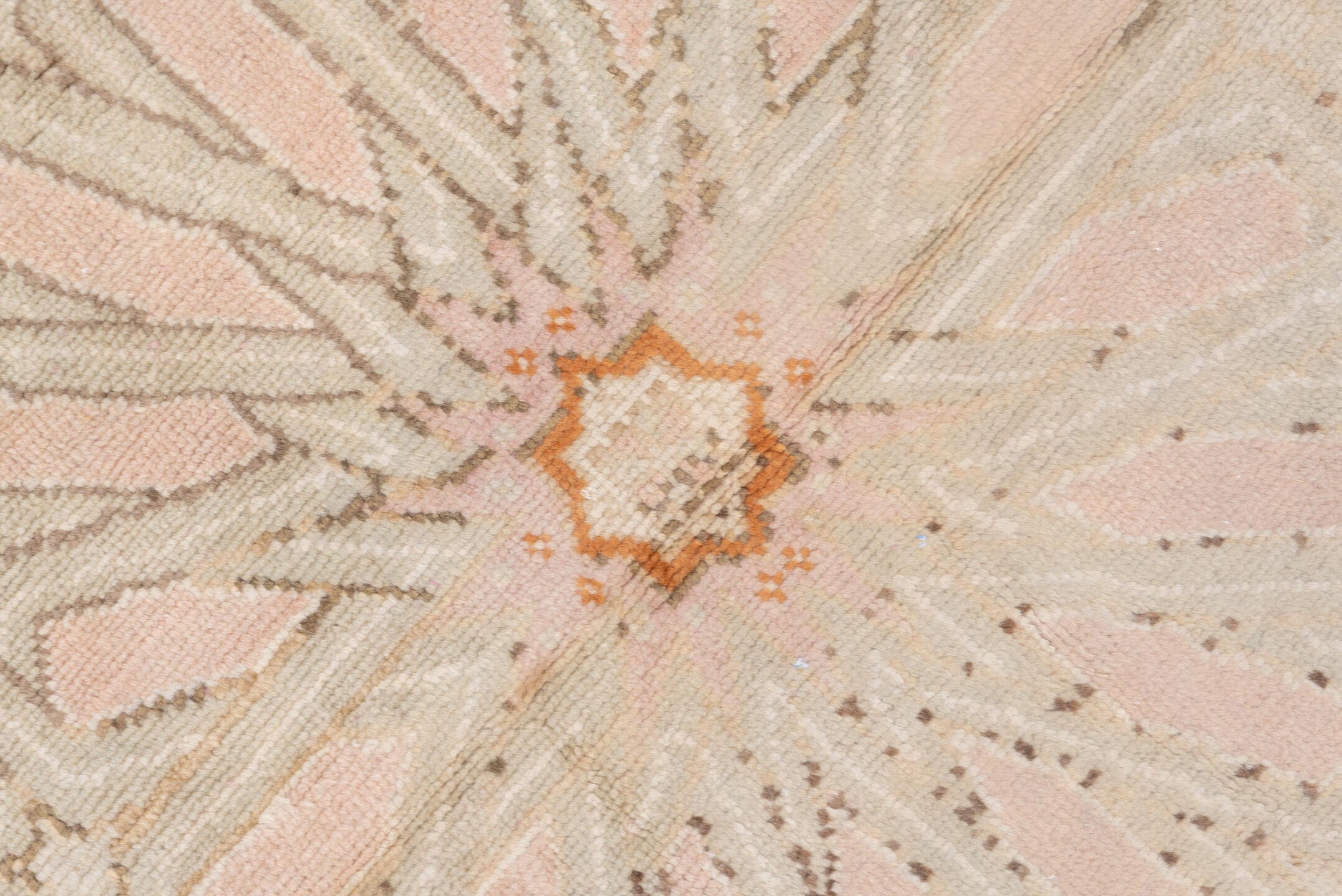 10' x 21' one-of-a-kind handmade antique Oushak rug. Color palette: ivory, blush, peach, taupe, camel, sage, pink