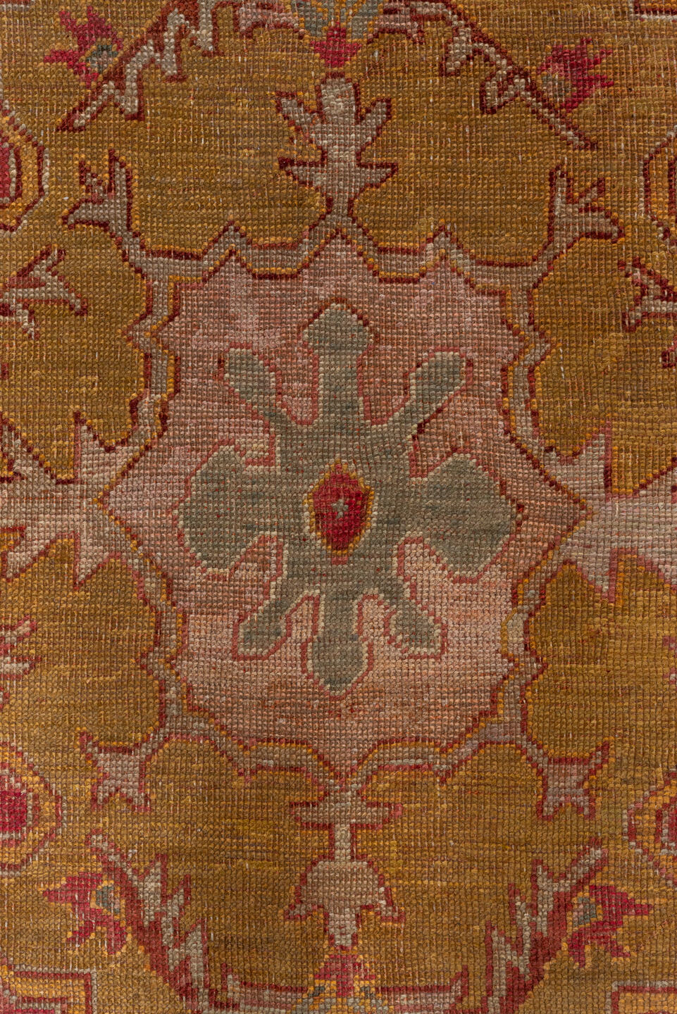 8' x 11' one-of-a-kind handmade vintage Oushak large size rug. Color palette: brown, off-white, orange, pink, red