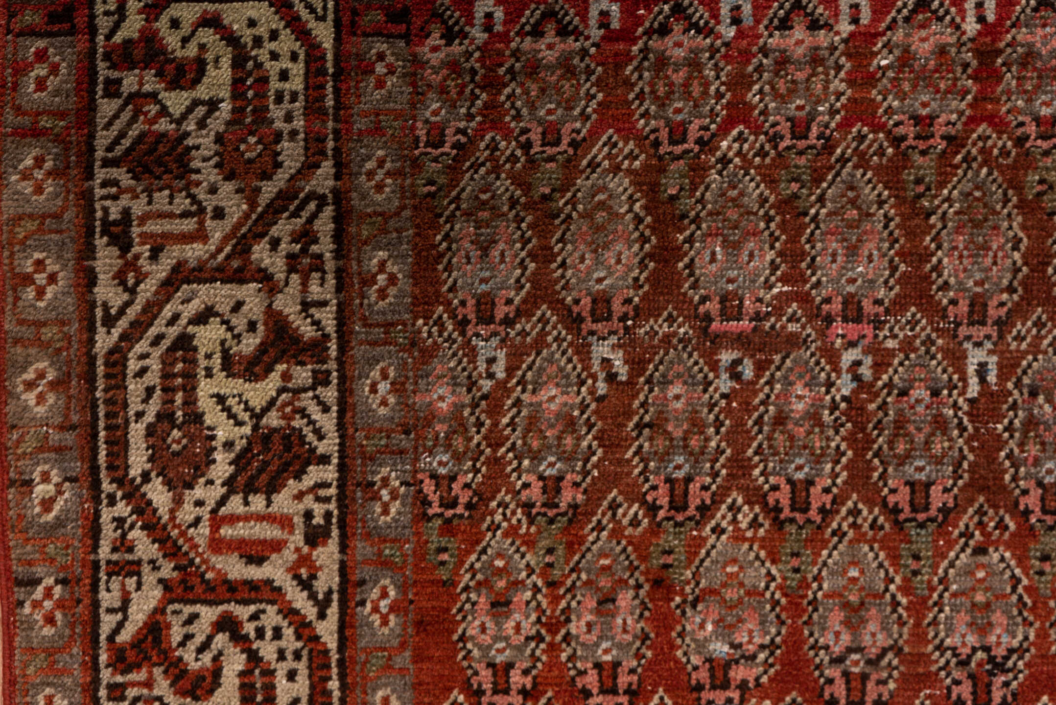 3' x 19' one-of-a-kind handmade vintage Saraband runner rug. Color palette: brown, gray, light gray, pink, red