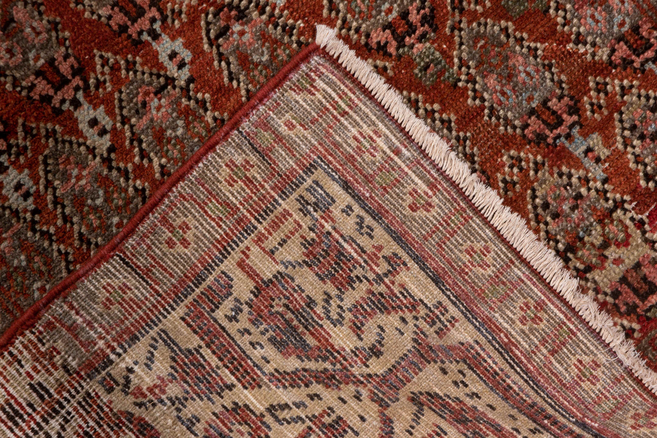 3' x 19' one-of-a-kind handmade vintage Saraband runner rug. Color palette: brown, gray, light gray, pink, red