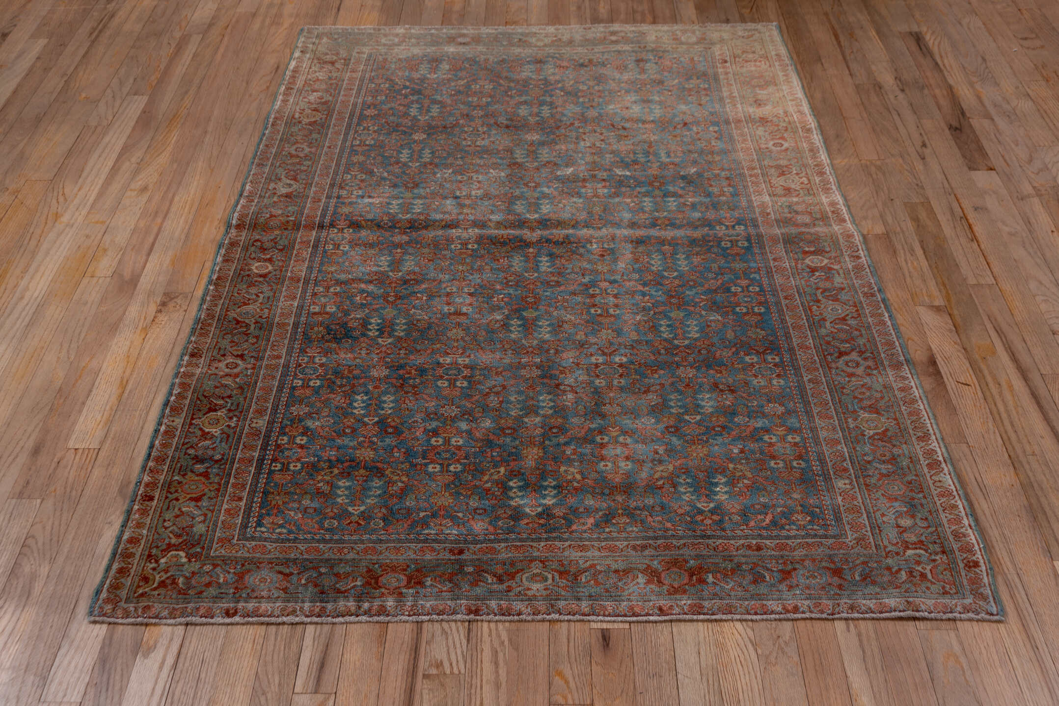 4' x 6' one-of-a-kind handmade antique Malayer small size rug. Color palette: blue, rust, ivory, terra cotta, slate, camel