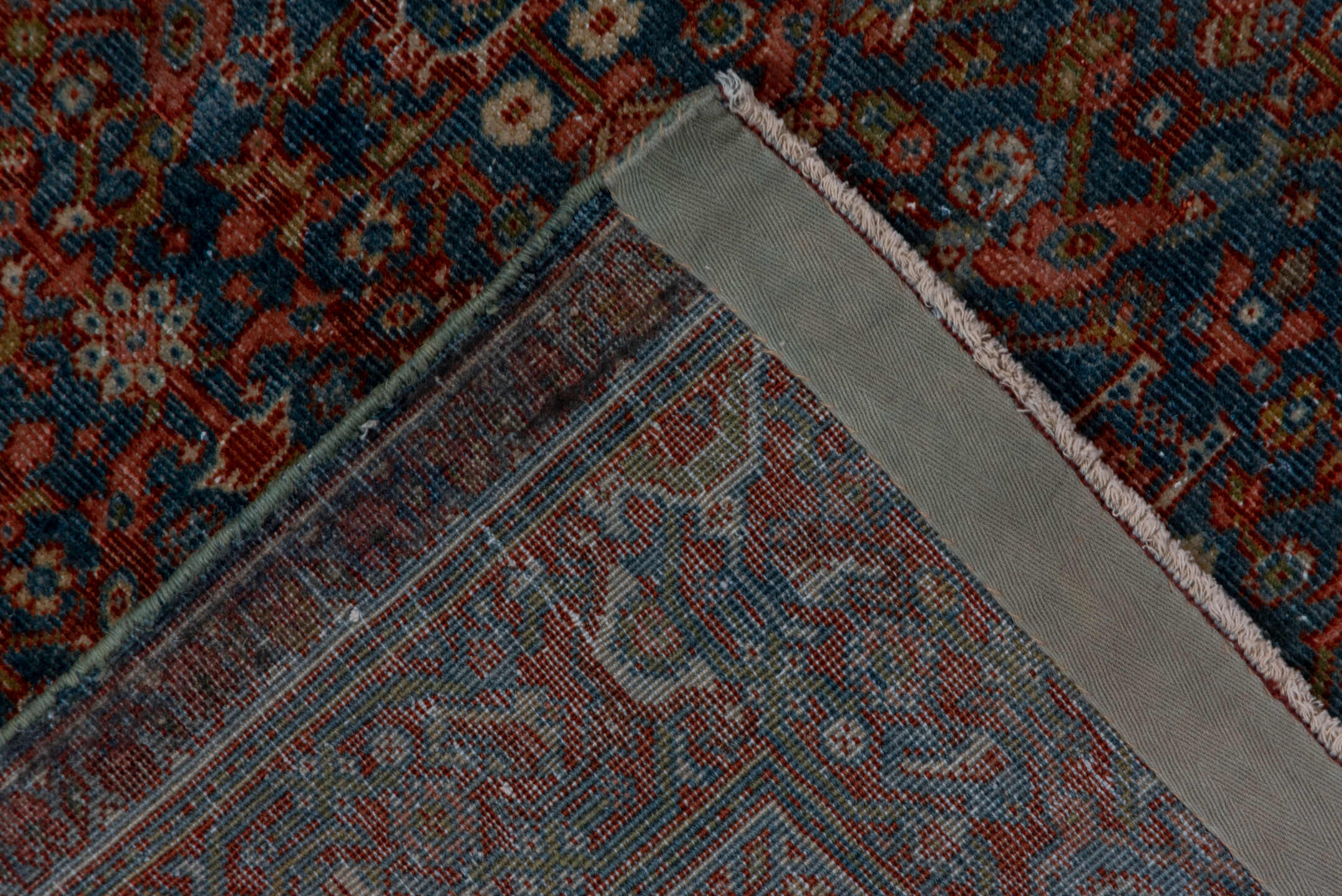 4' x 6' one-of-a-kind handmade antique Malayer small size rug. Color palette: blue, rust, ivory, terra cotta, slate, camel