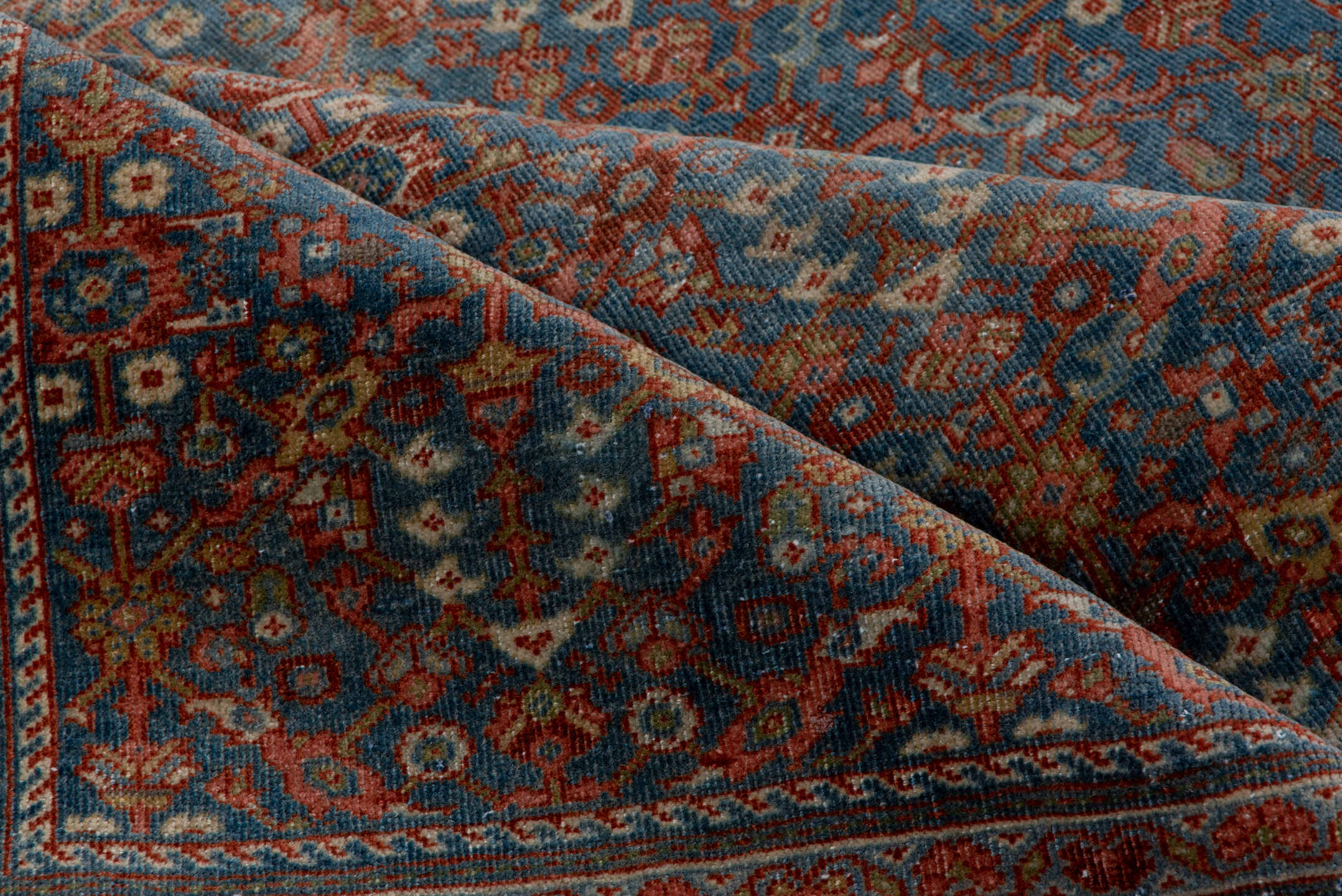 4' x 6' one-of-a-kind handmade antique Malayer small size rug. Color palette: blue, rust, ivory, terra cotta, slate, camel