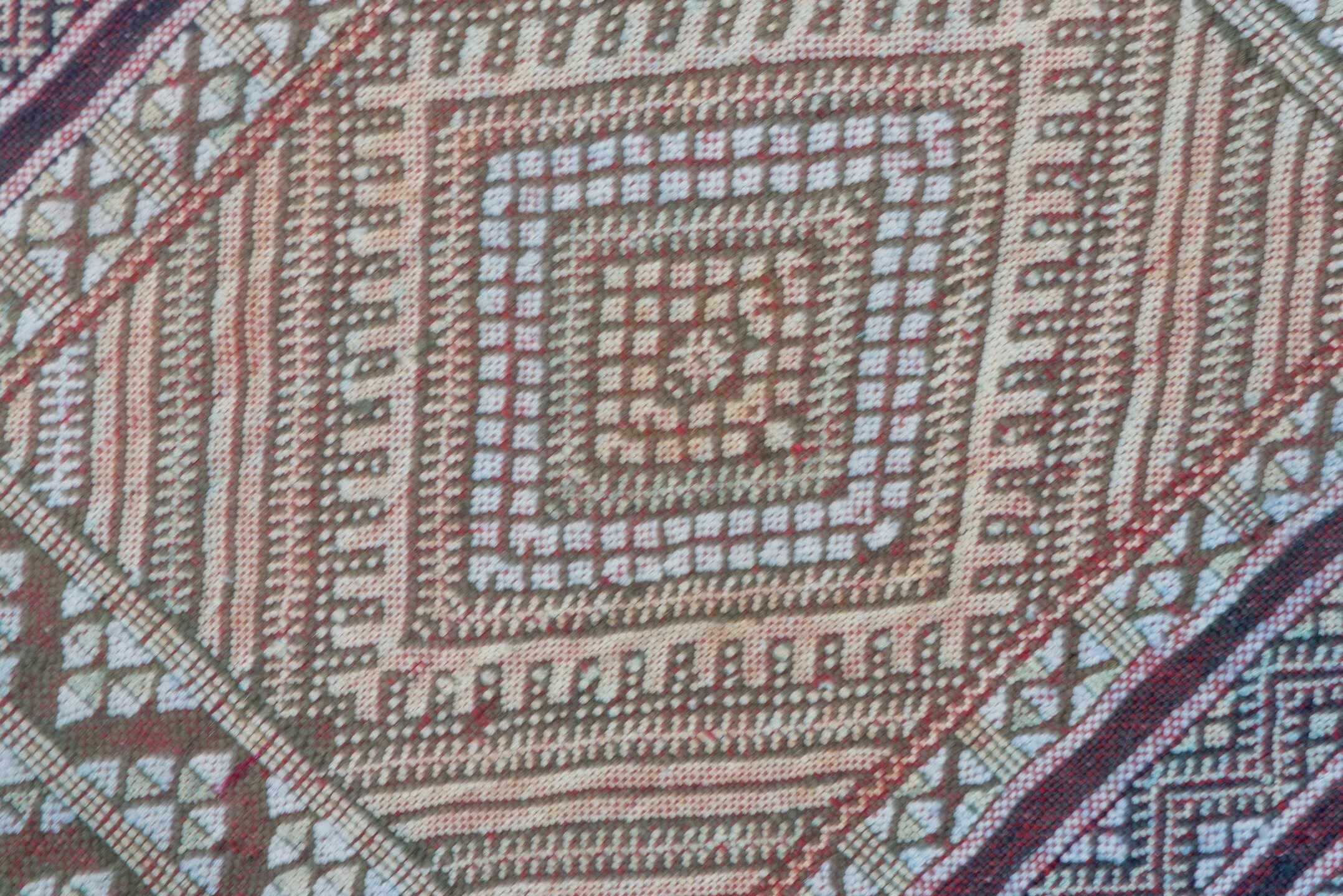 5' x 7' one-of-a-kind handmade vintage Jijim rug. Color palette: ivory, rose, burgundy, indigo, taupe, dusty blue, pink, red
