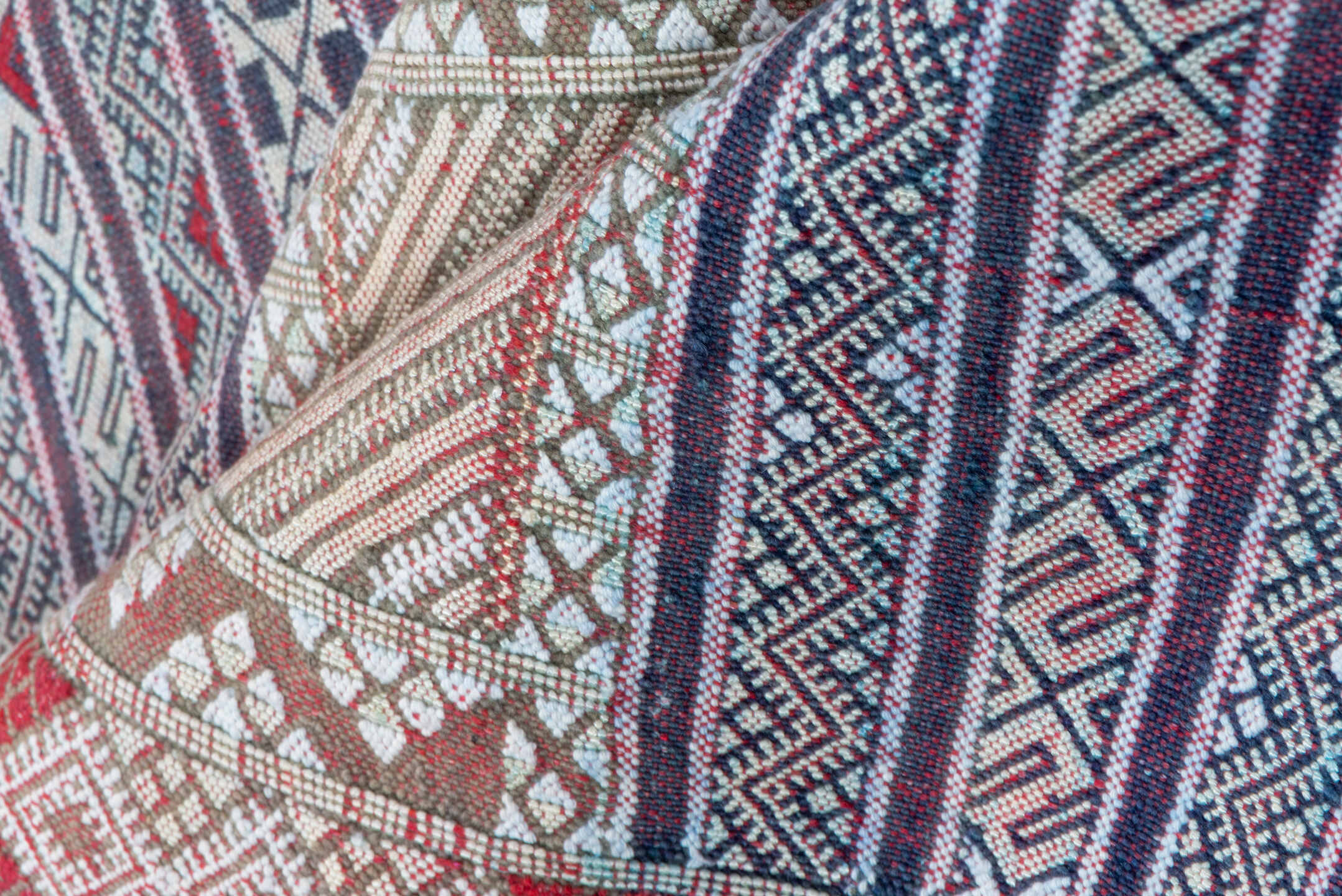 5' x 7' one-of-a-kind handmade vintage Jijim rug. Color palette: blue, gainsboro, gray, light gray, off-white, pink, red