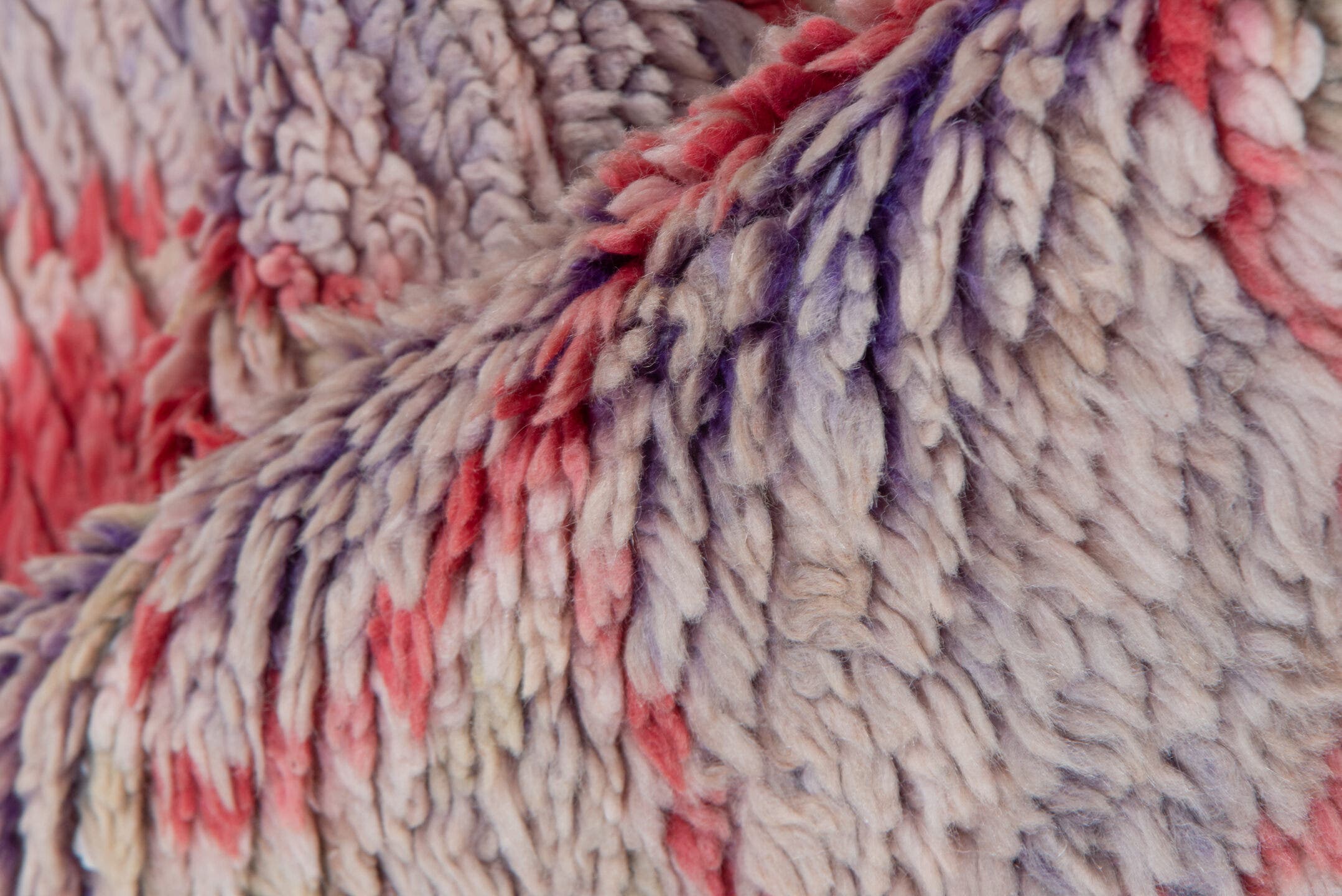 3' x 9' one-of-a-kind handmade vintage Rag Rug runner rug. Color palette: lavender, rose, ivory, blush, lilac, light gray