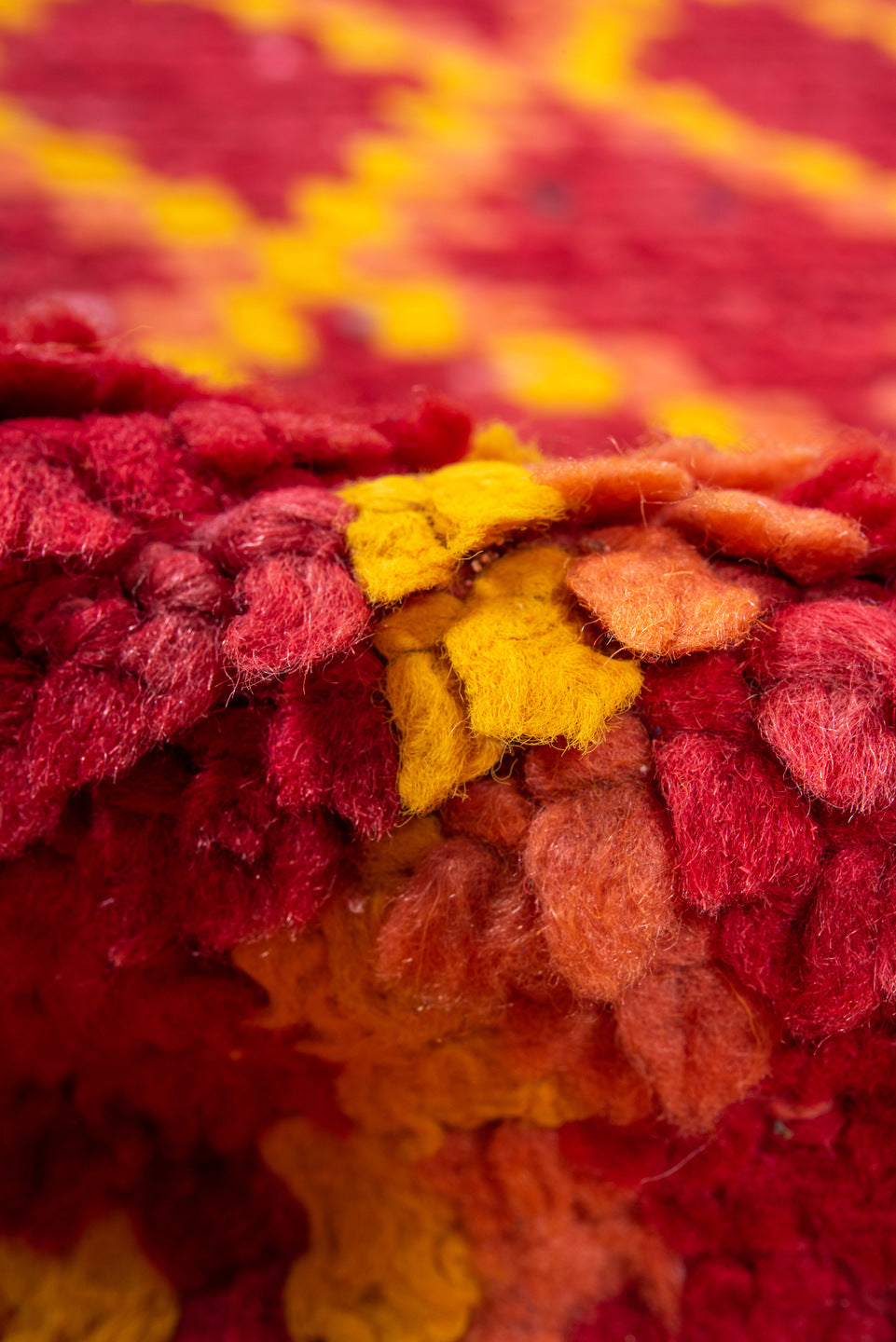 3' x 9' one-of-a-kind handmade vintage Rag Rug runner rug. Color palette: red, coral, gold, terra cotta, rose, terracotta