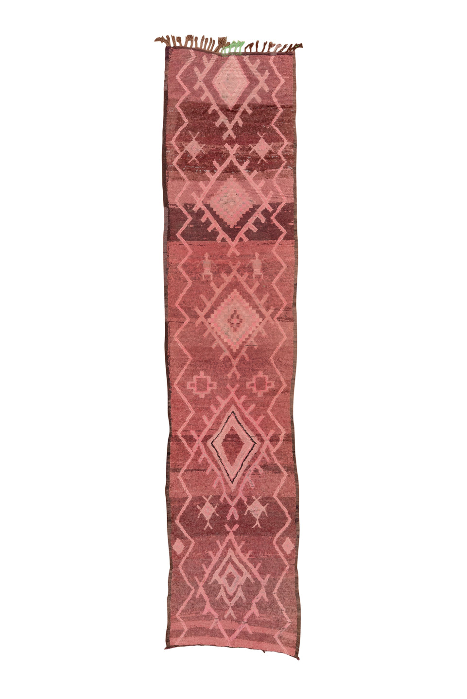 2' x 13' one-of-a-kind handmade vintage Rag Rug runner rug. Color palette: rose, mauve, dusty pink, burgundy, blush, brown