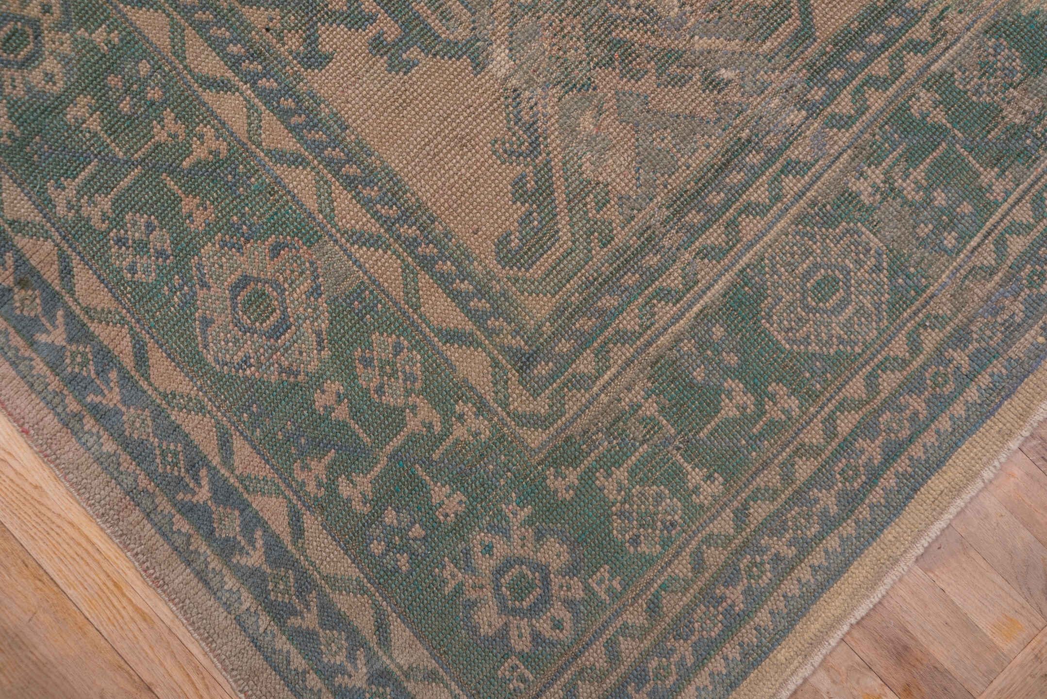 11' x 13' one-of-a-kind handmade antique Oushak oversize rug. Color palette: taupe, teal, brown, camel, sage, charcoal