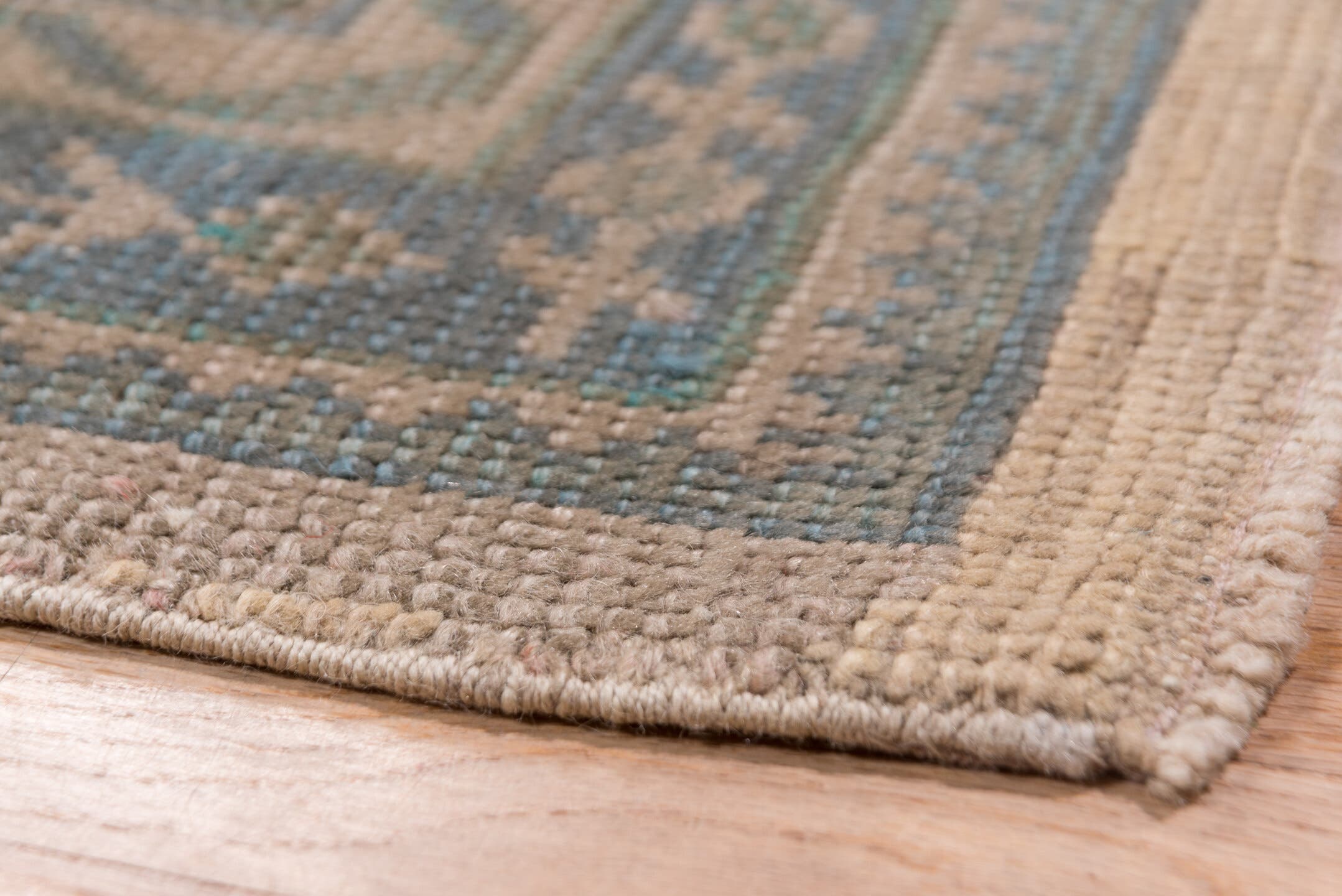 11' x 13' one-of-a-kind handmade antique Oushak oversize rug. Color palette: taupe, teal, brown, camel, sage, charcoal